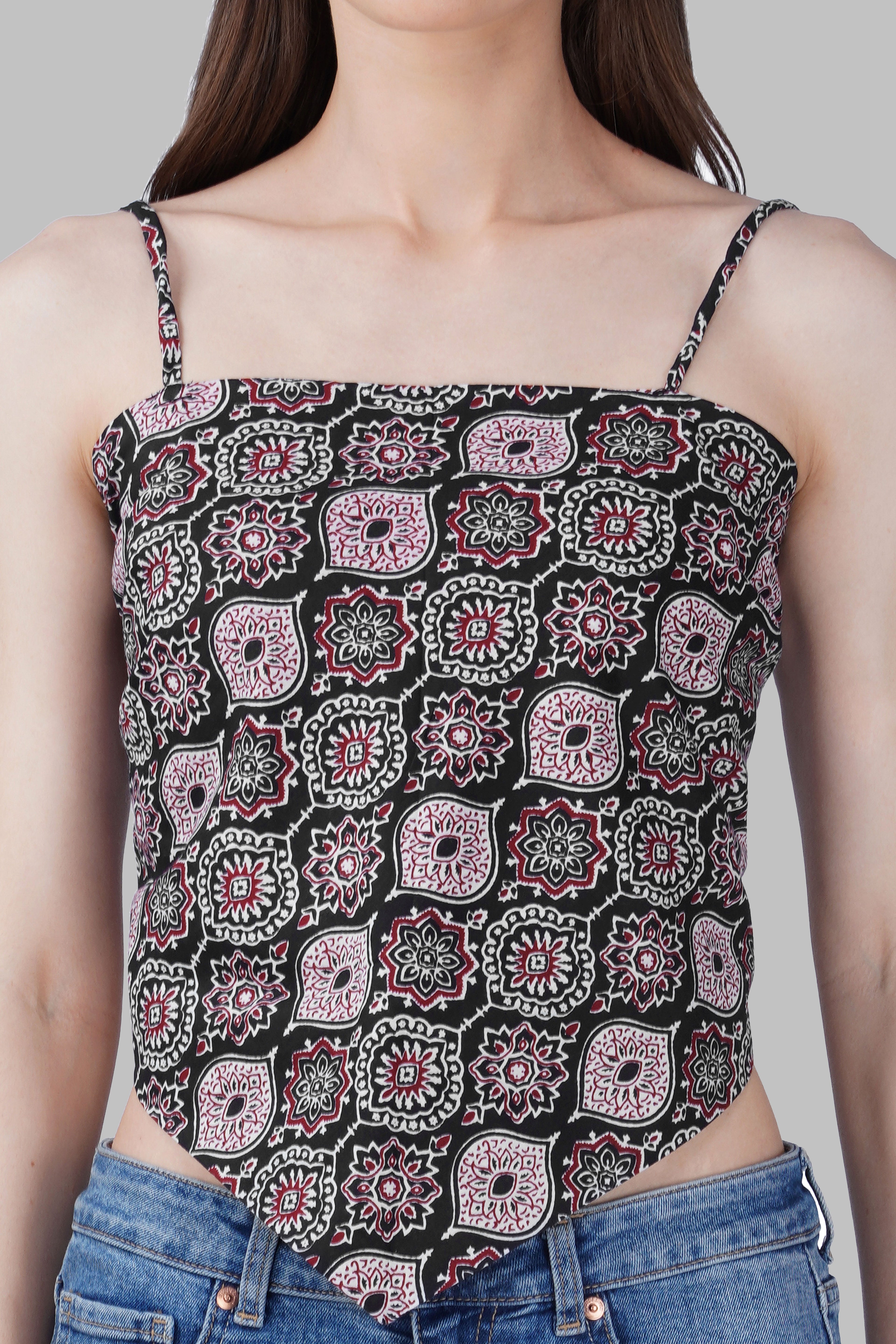 Black Cotton Printed Scarf Top