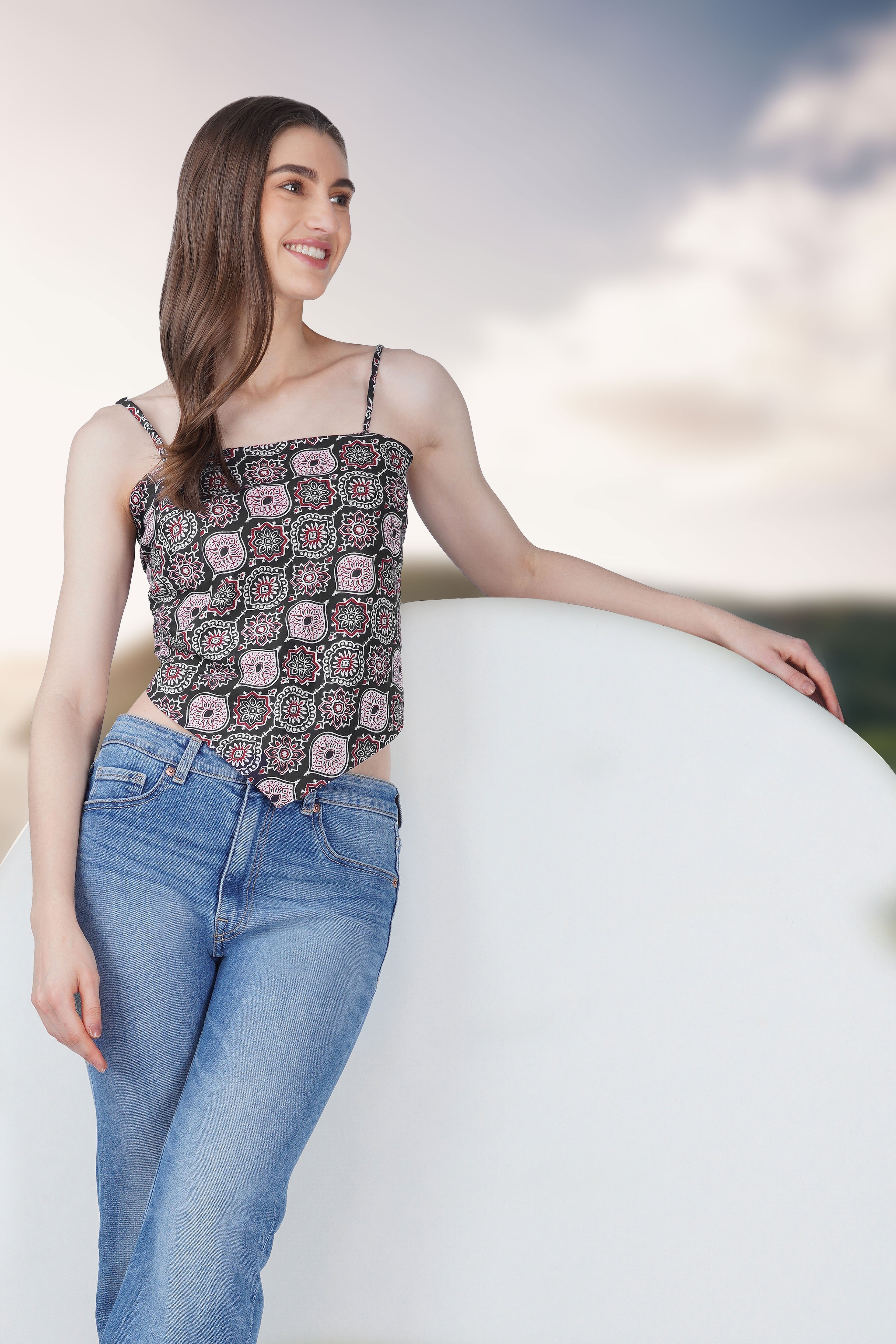 Black Cotton Printed Scarf Top