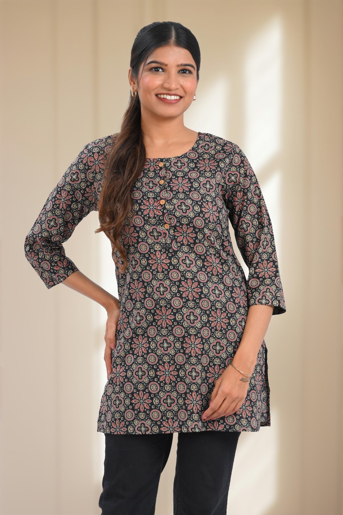 Black Cotton Printed Short Kurti