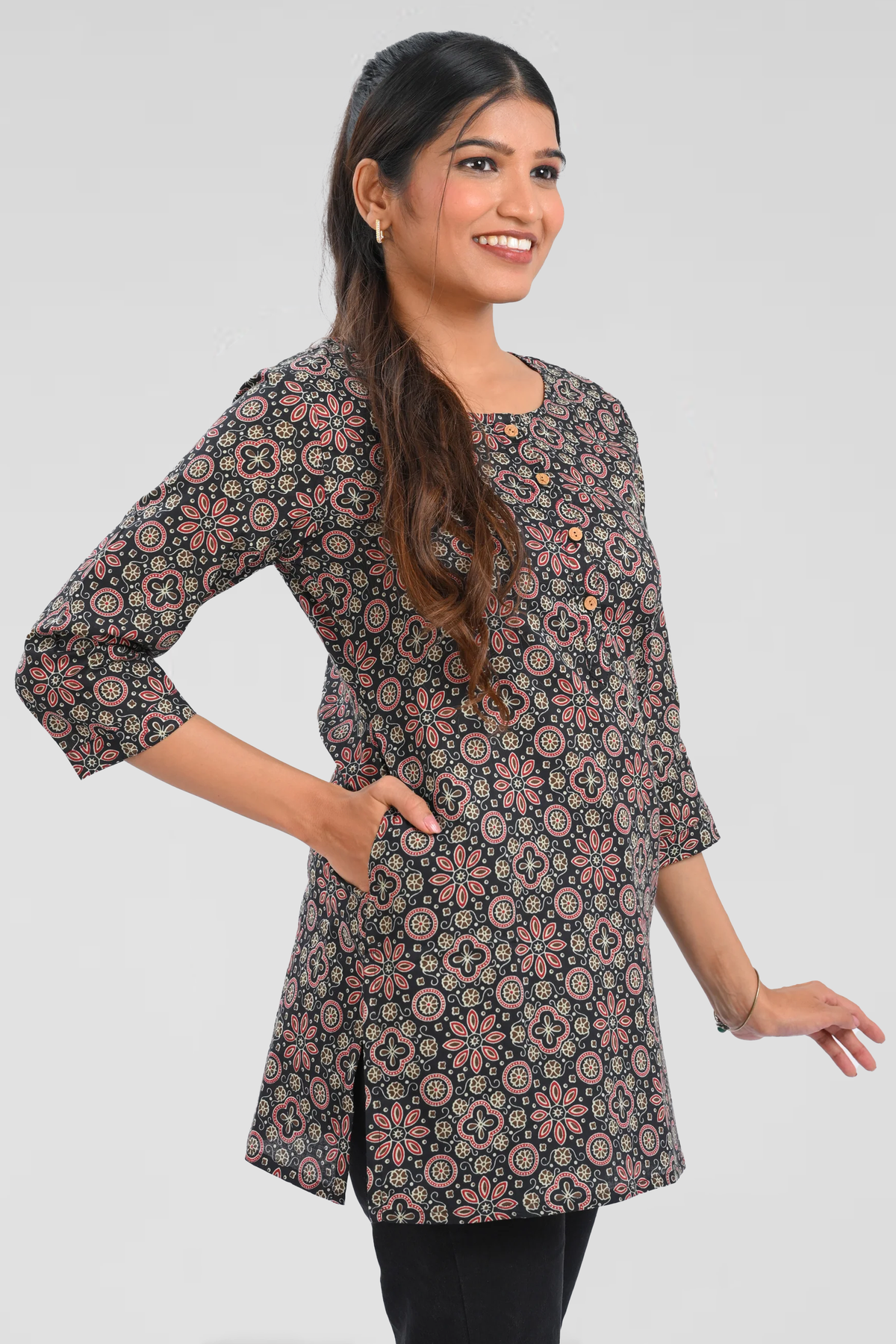 Black Cotton Printed Short Kurti
