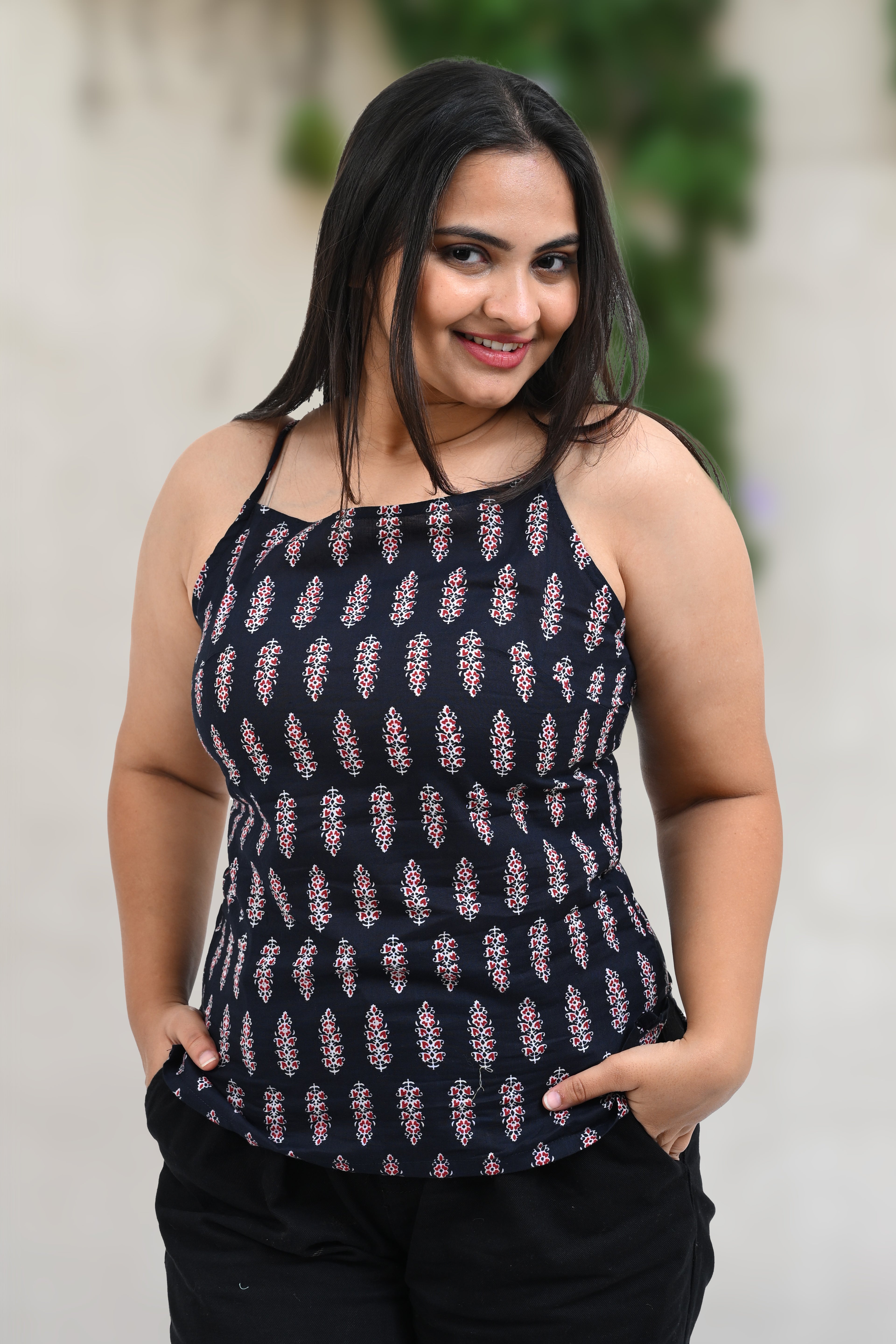 Black Cotton Printed Strap Top