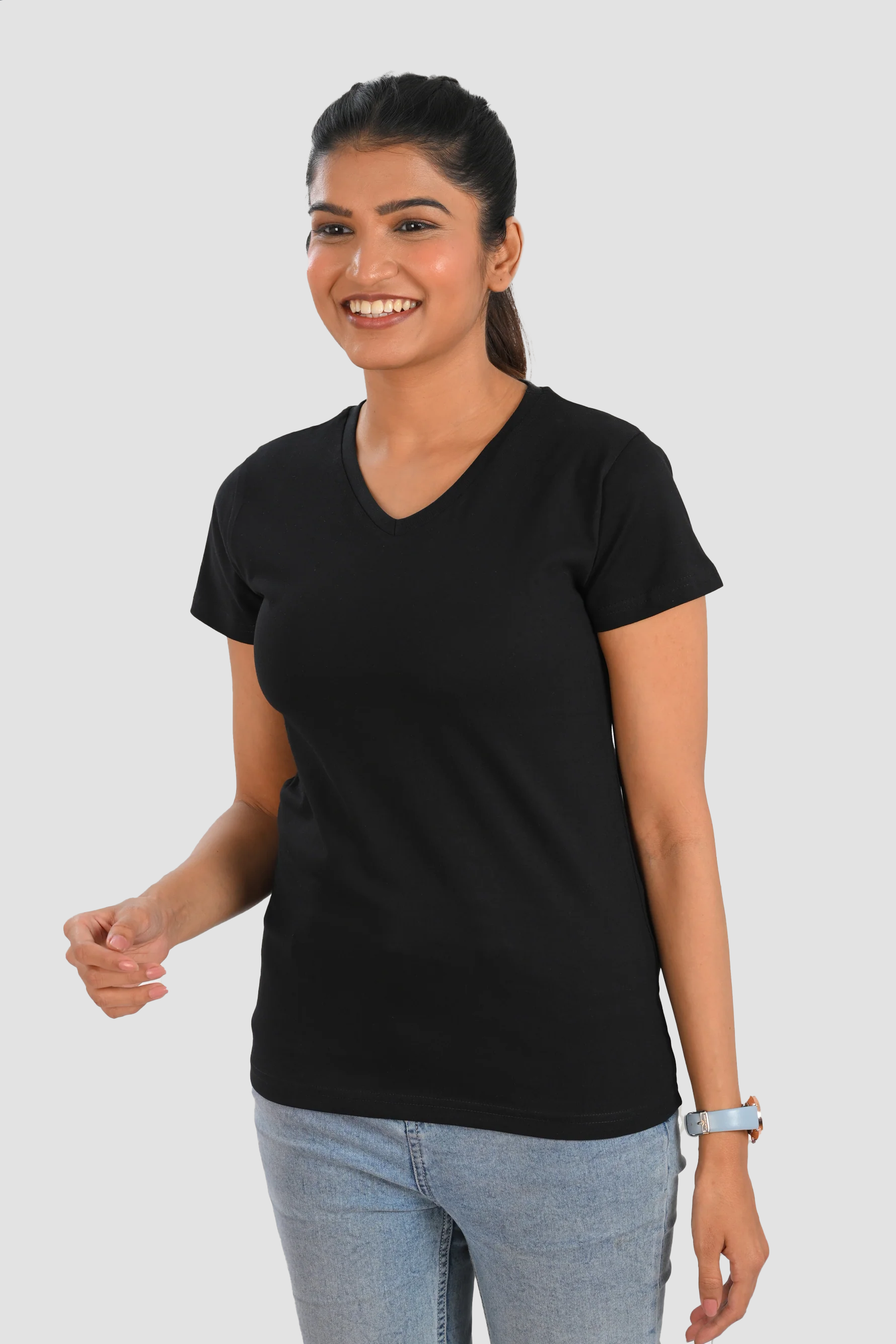 Black Cotton V Neck T-Shirt