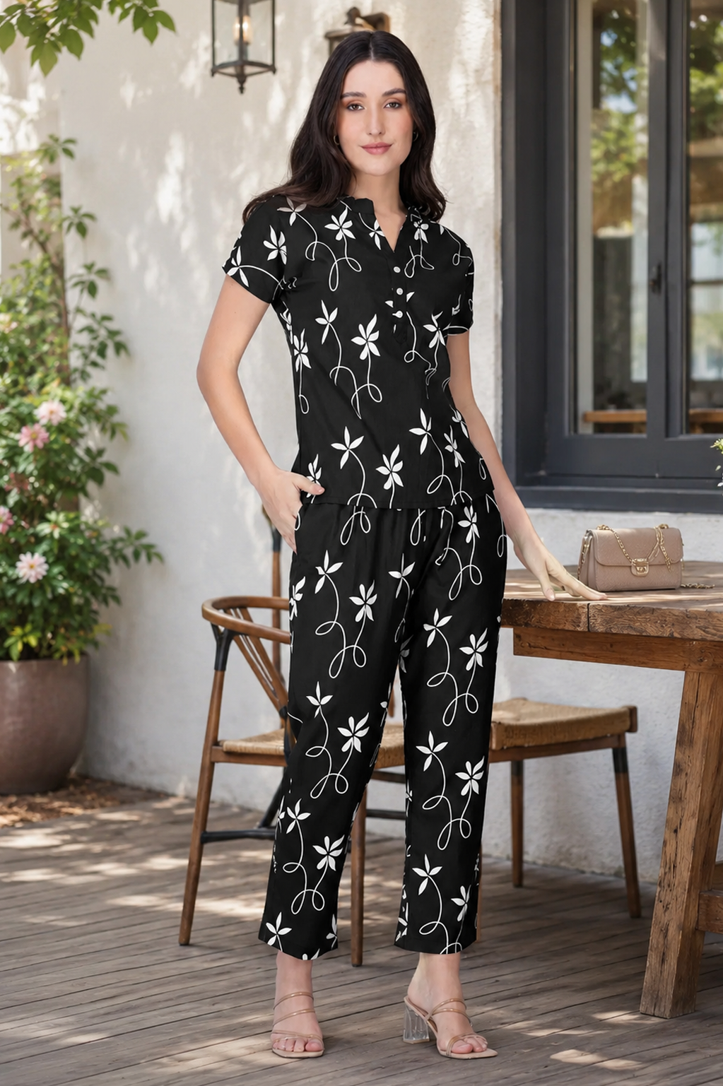 Black Notch Collar Cotton Printed Pyjama Set