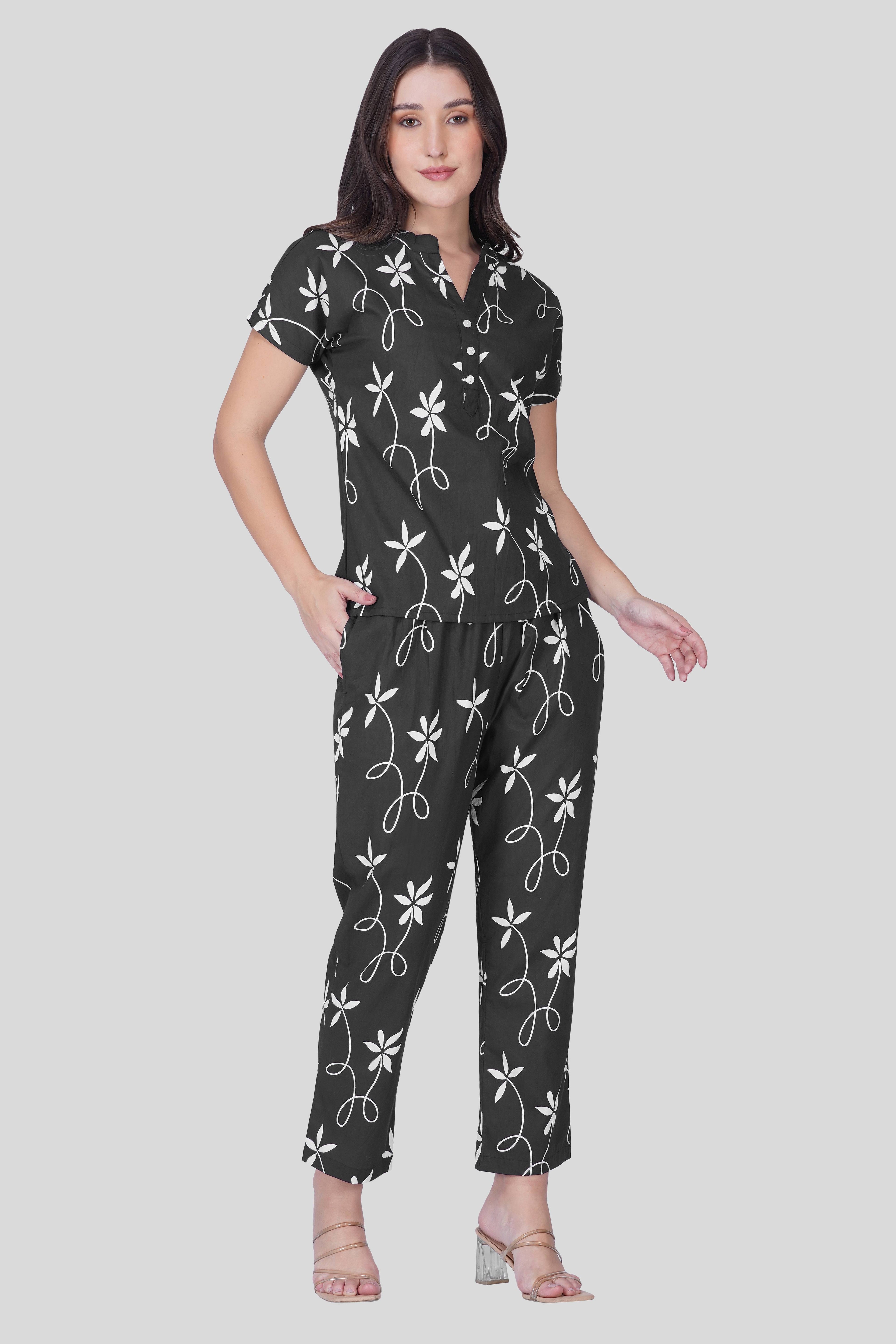 Black Notch Collar Cotton Printed Pyjama Set