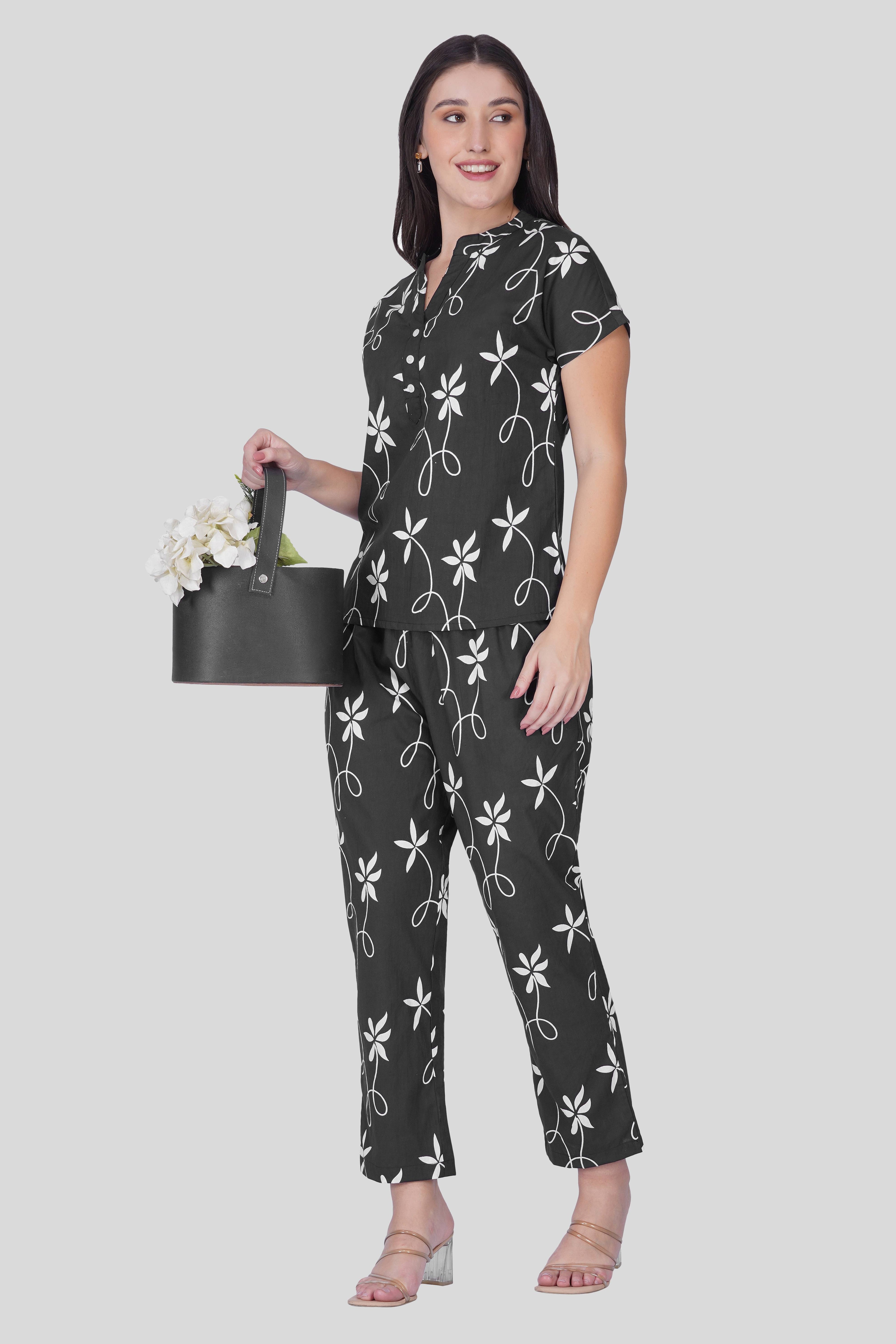 Black Notch Collar Cotton Printed Pyjama Set