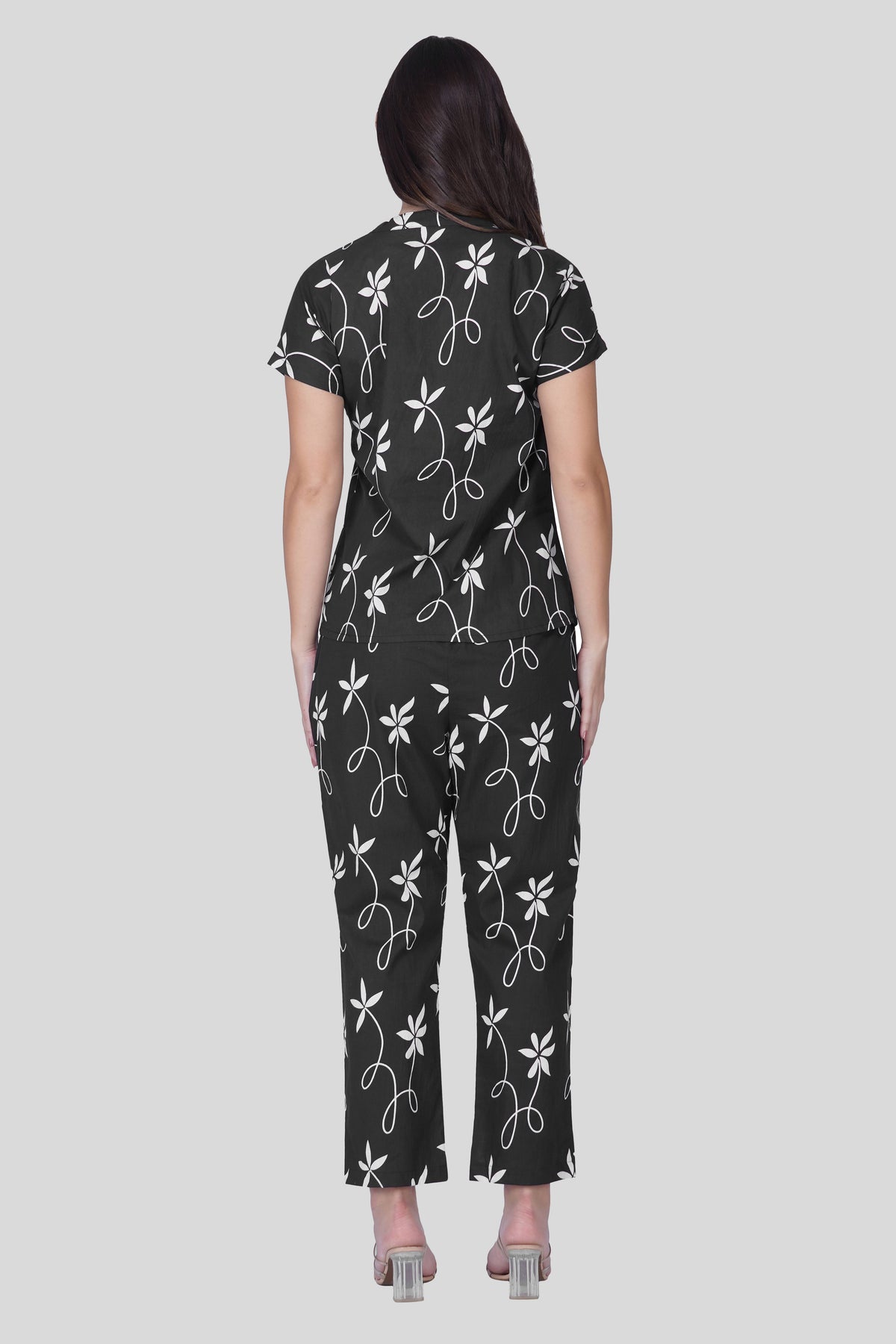 Black Notch Collar Cotton Printed Pyjama Set