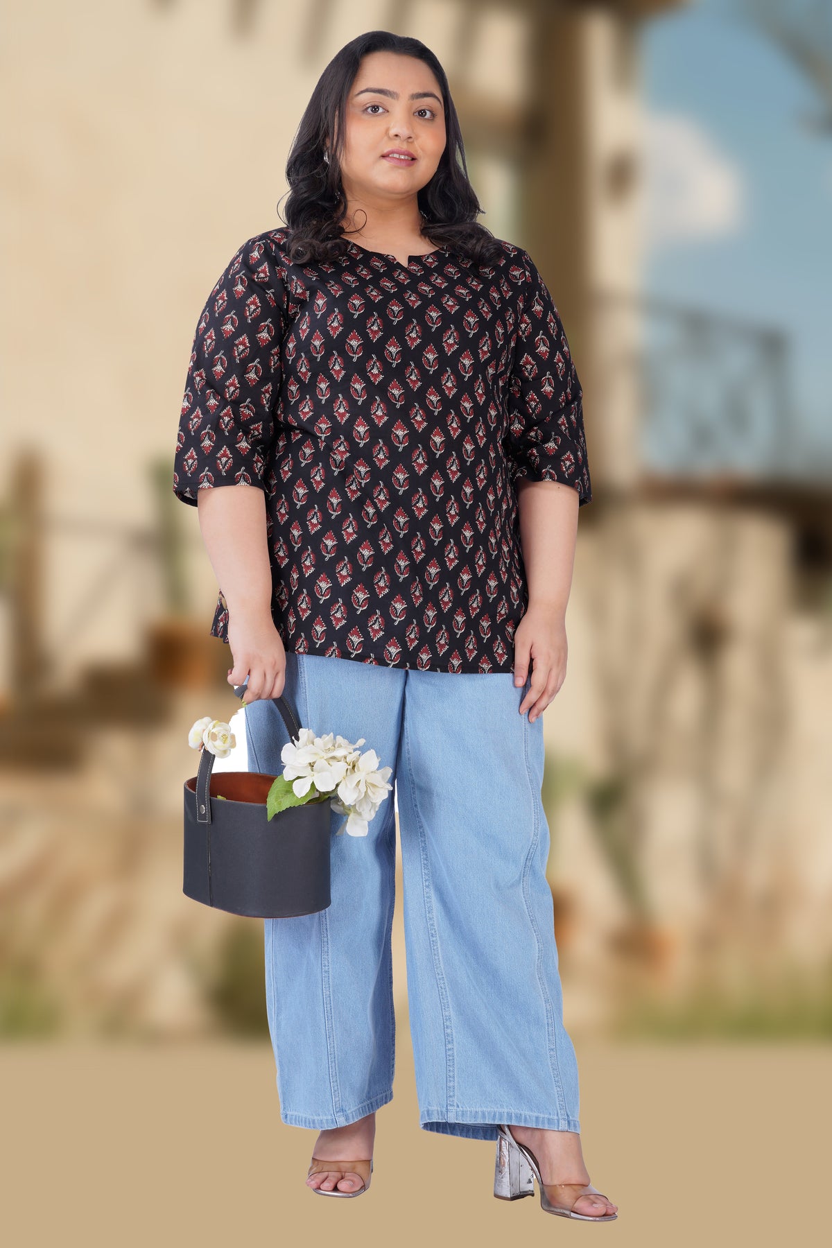 Black Plus Size Cotton Printed Kurti