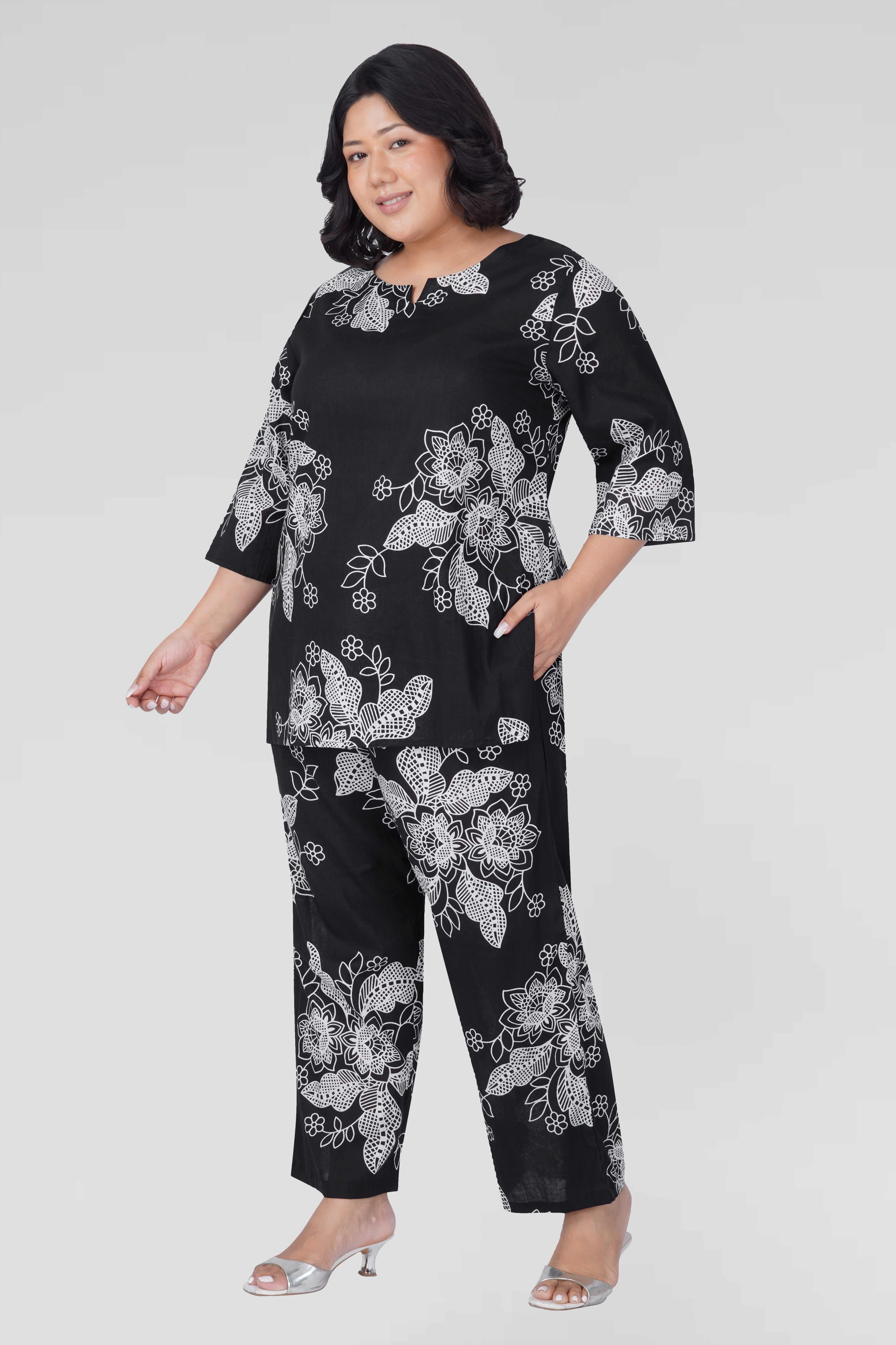 Black Plus Size Cotton Printed Pyjama Set