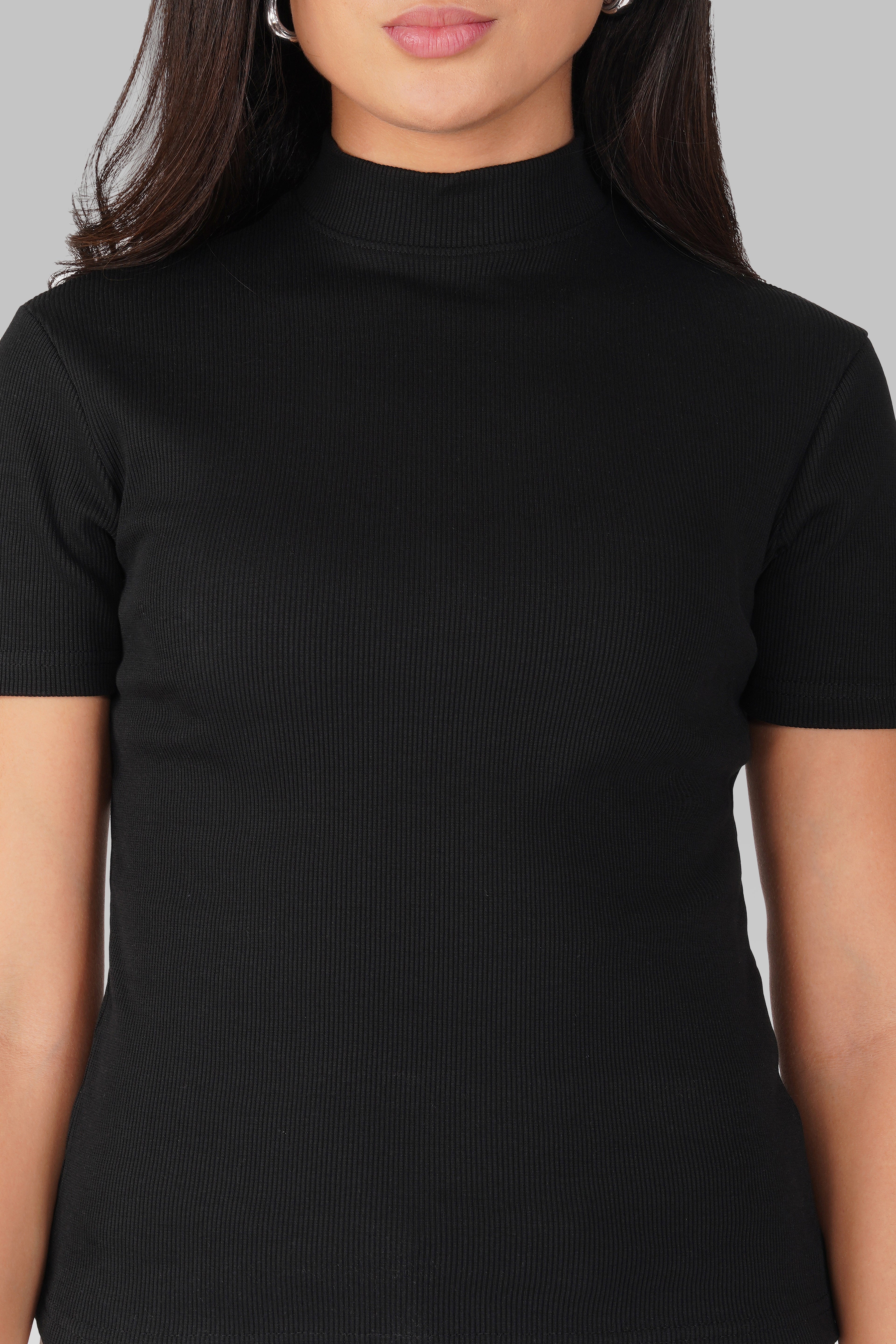 Black Ribbed Mock Neck Short Sleeve Top