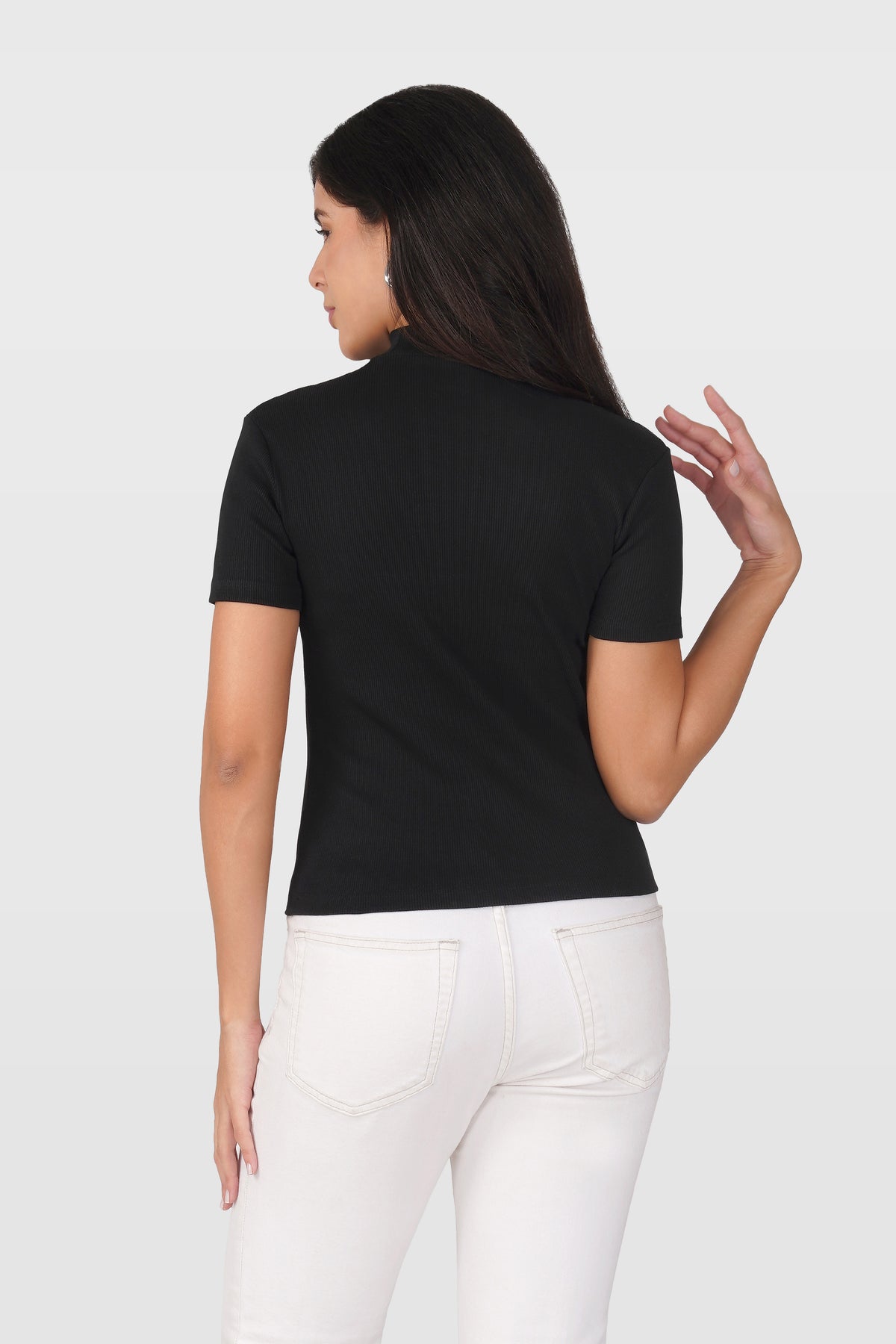 Black Ribbed Mock Neck Short Sleeve Top
