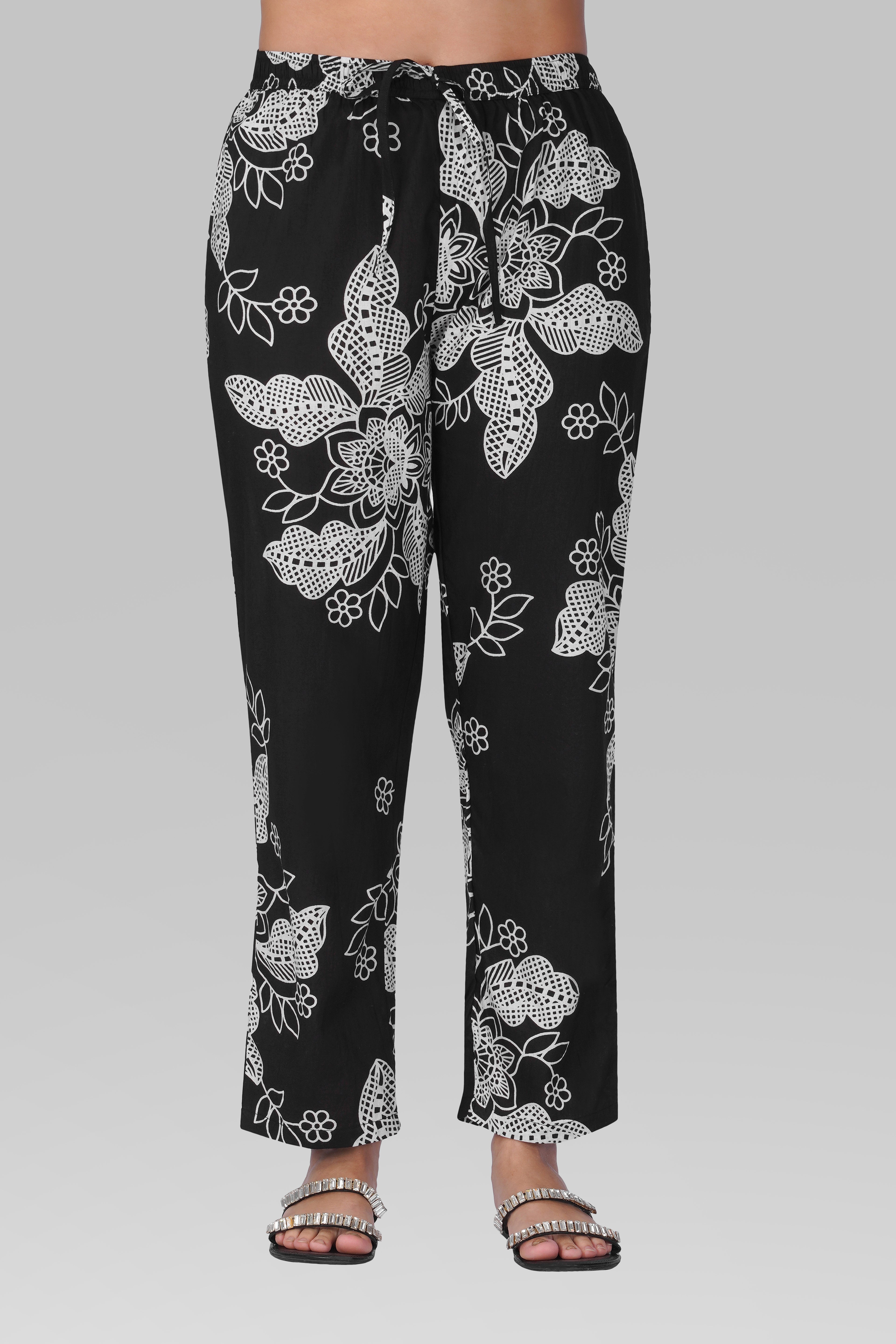 Black V Neck Cotton Printed Pyjama Set