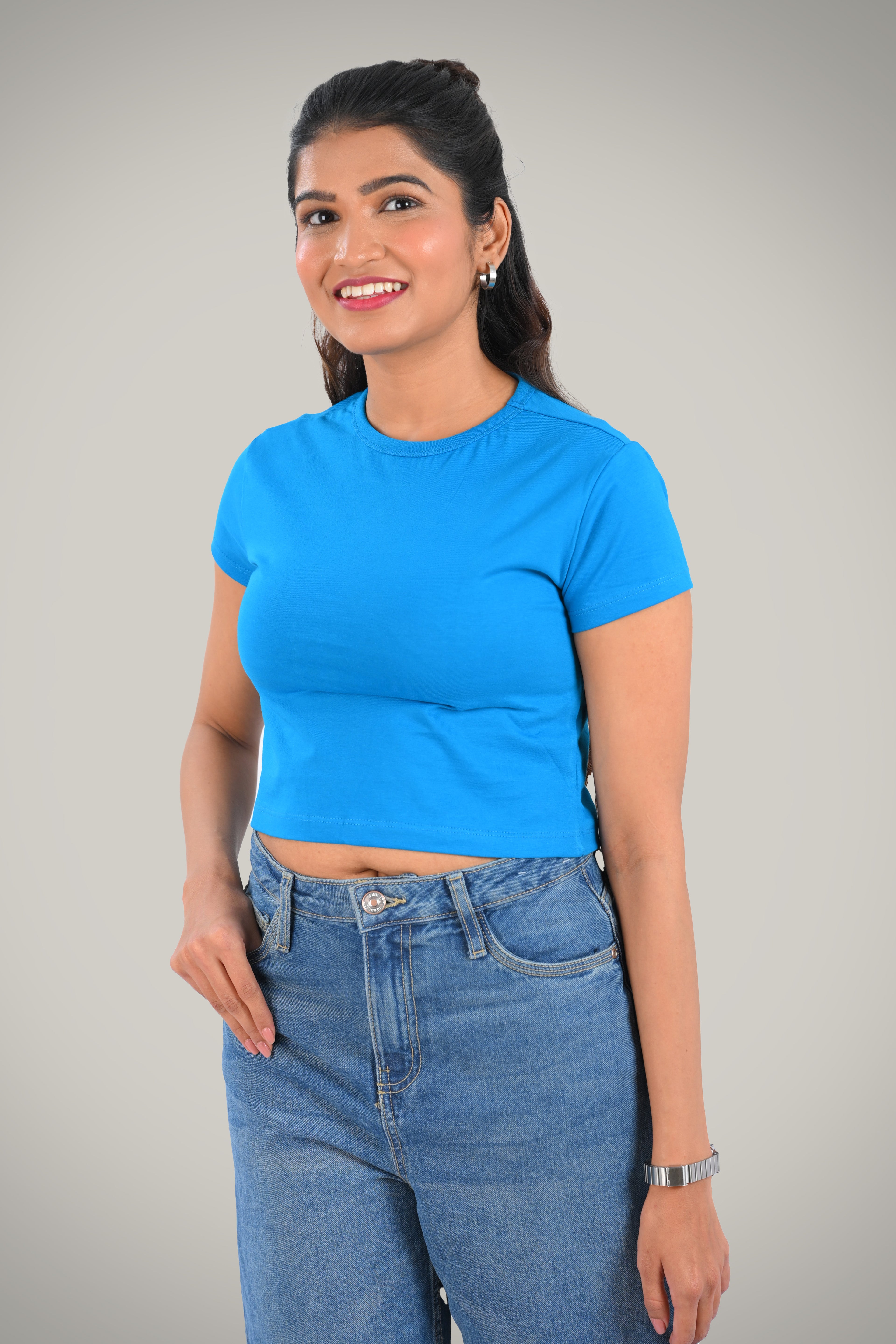 Blue Cotton Crop Crew Neck T-Shirt