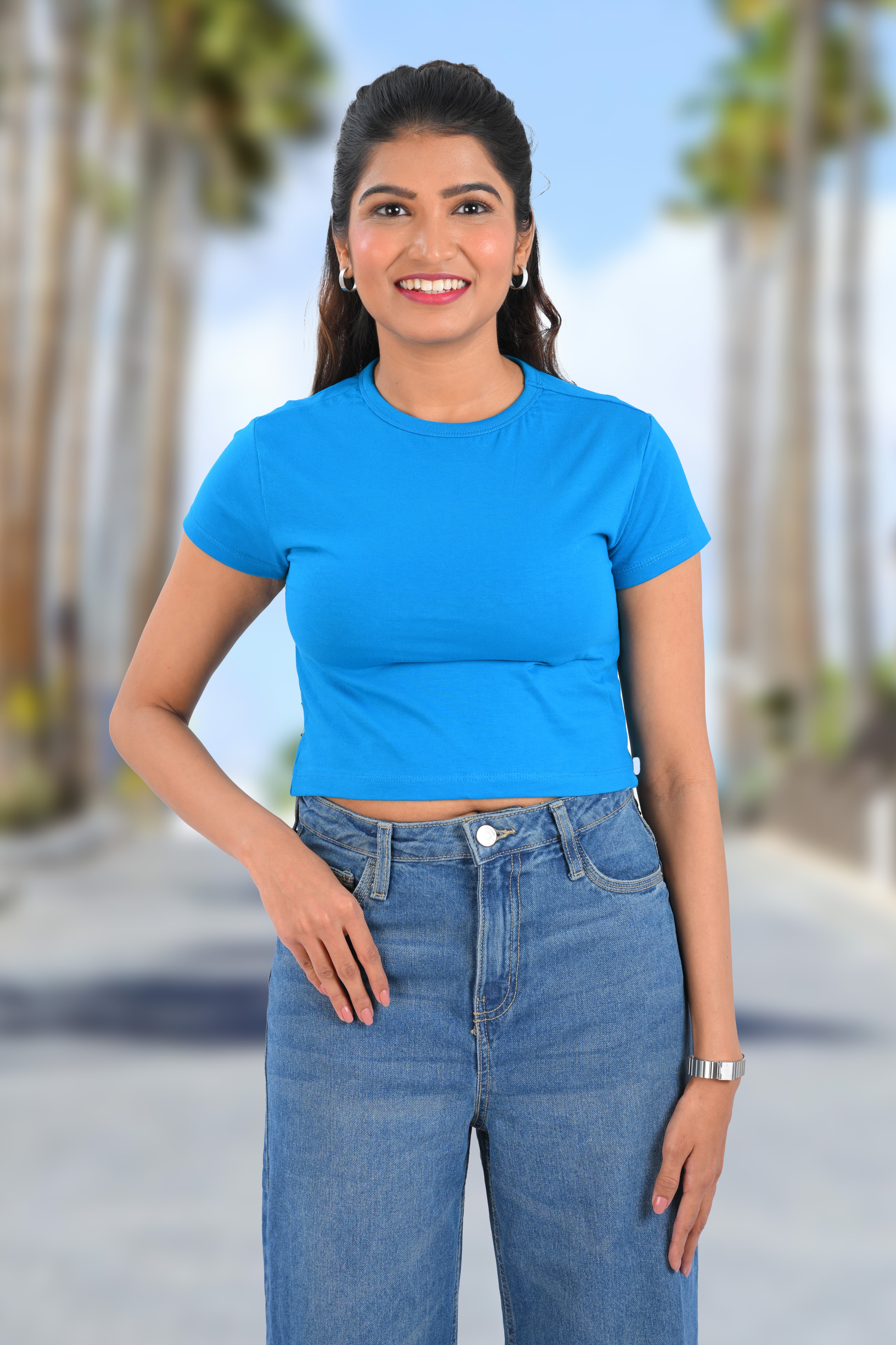Blue Cotton Crop Crew Neck T-Shirt