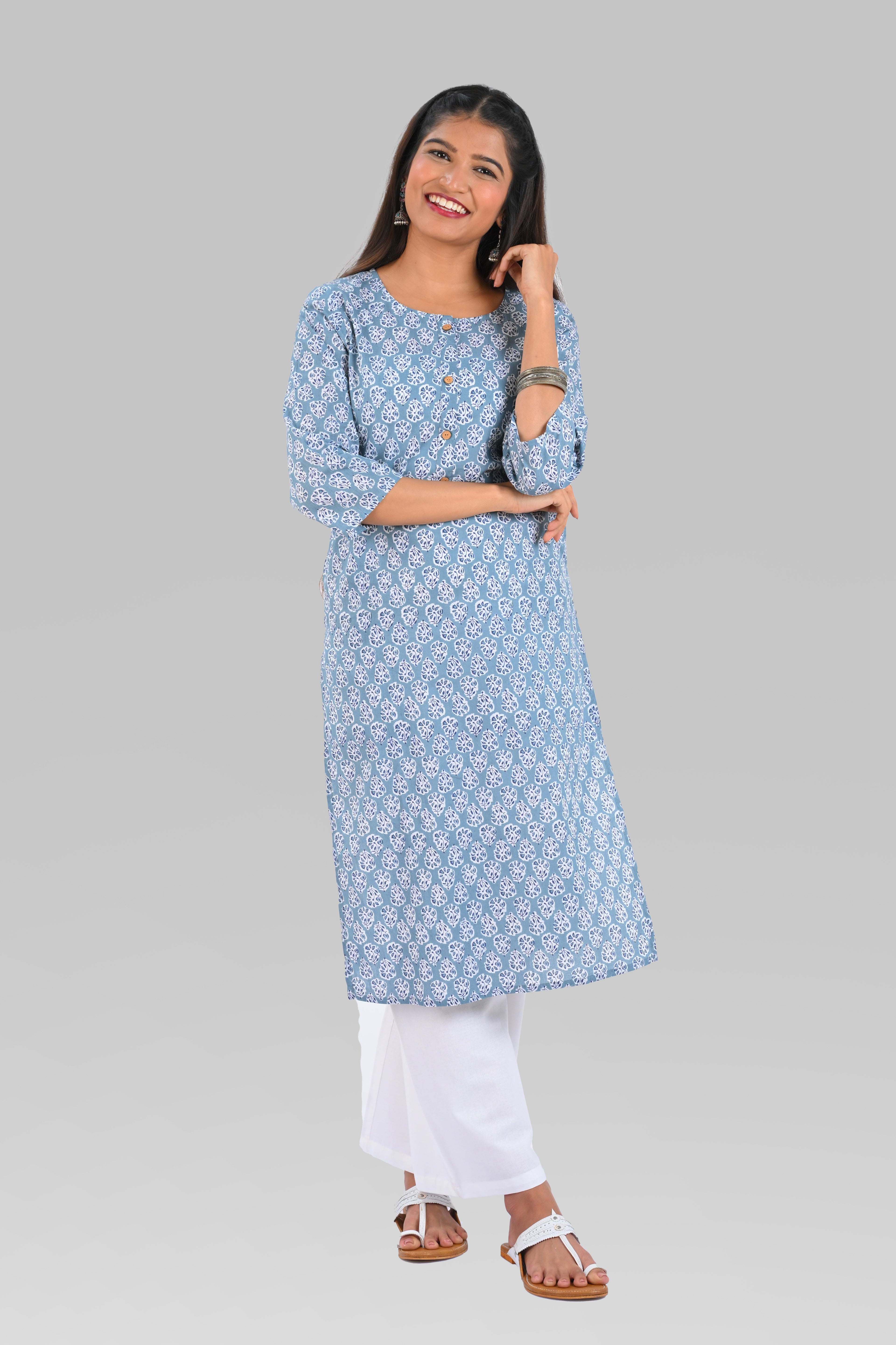 Blue Cotton Printed Long Kurta