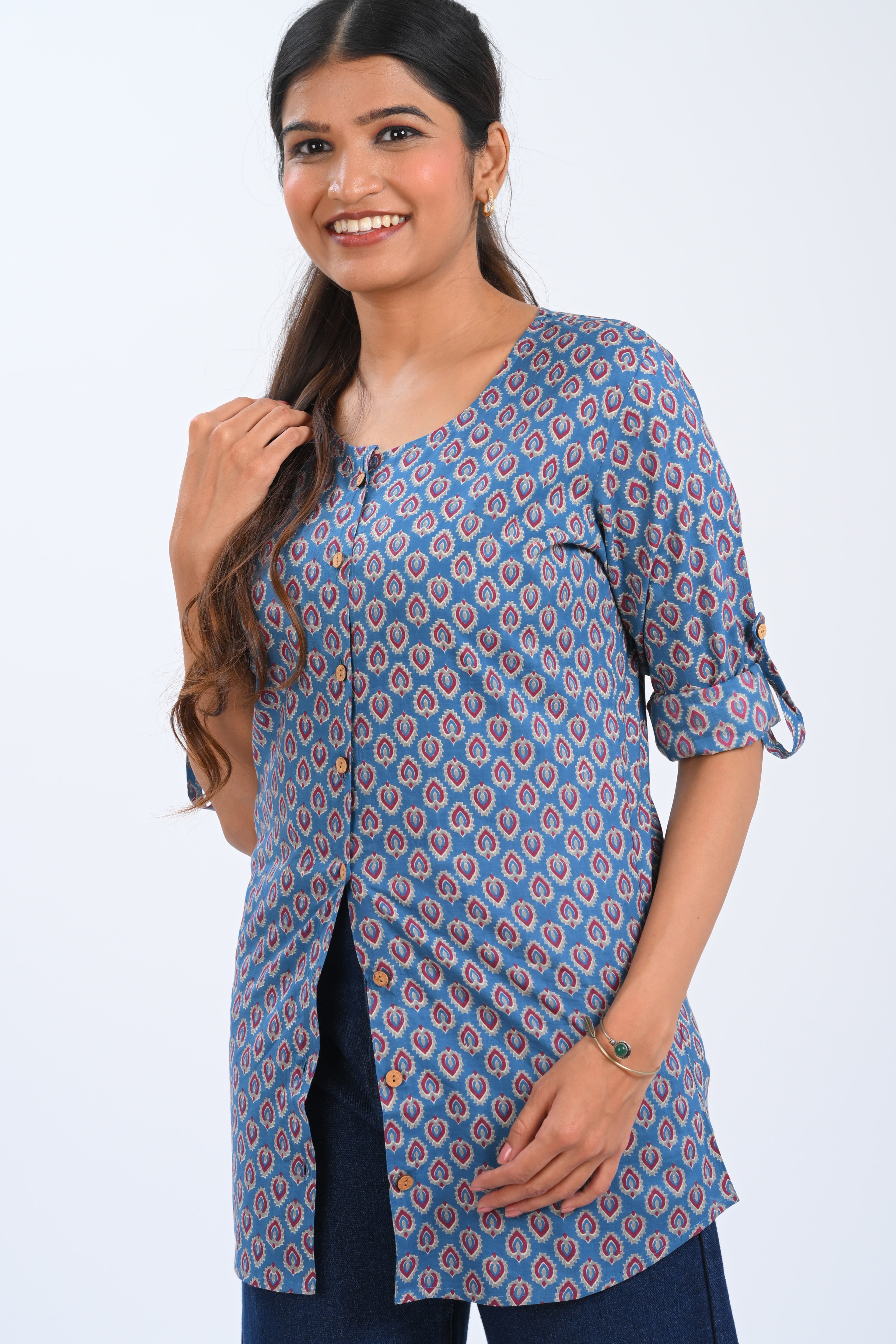 Blue Cotton Printed Short Kurti