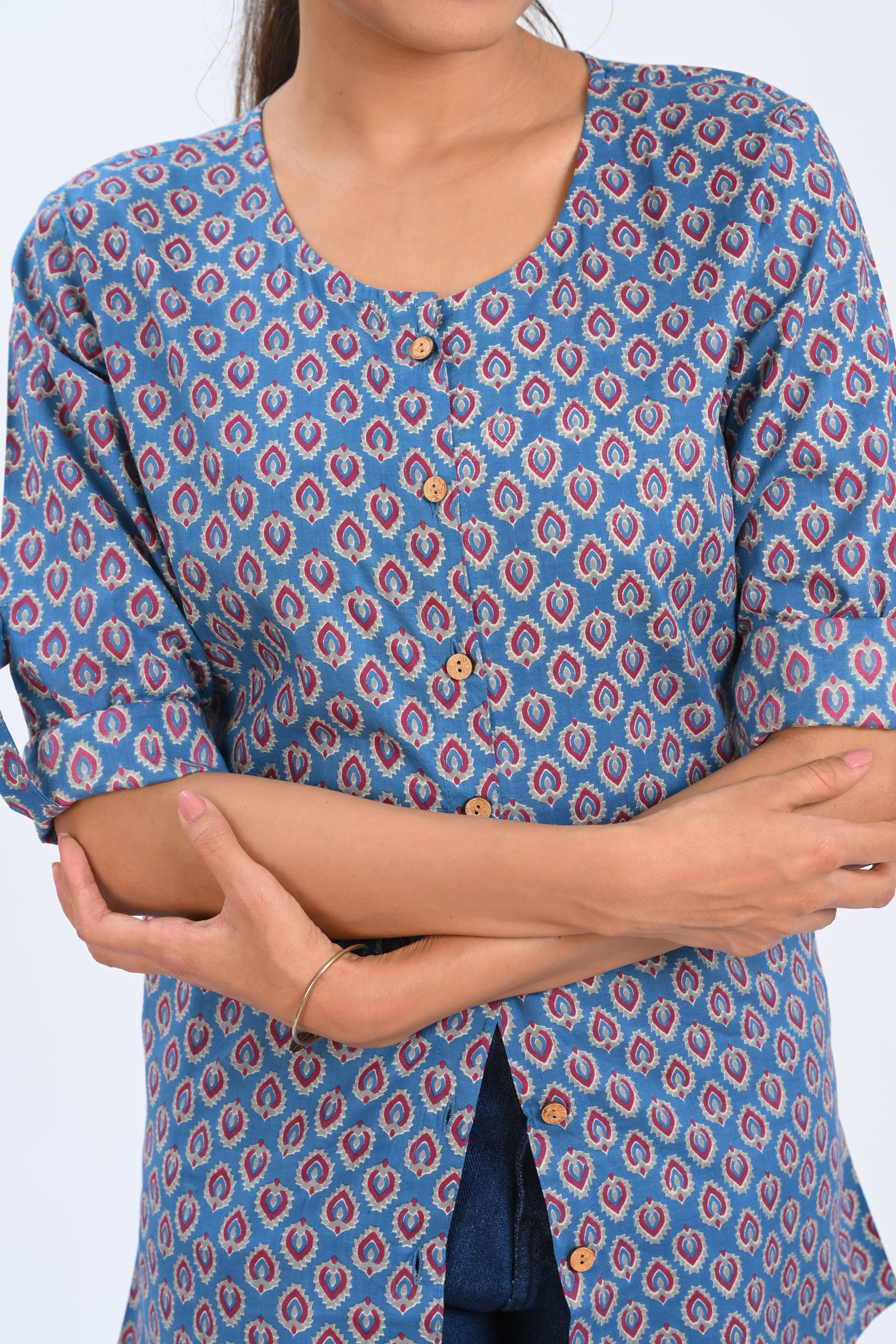 Blue Cotton Printed Short Kurti