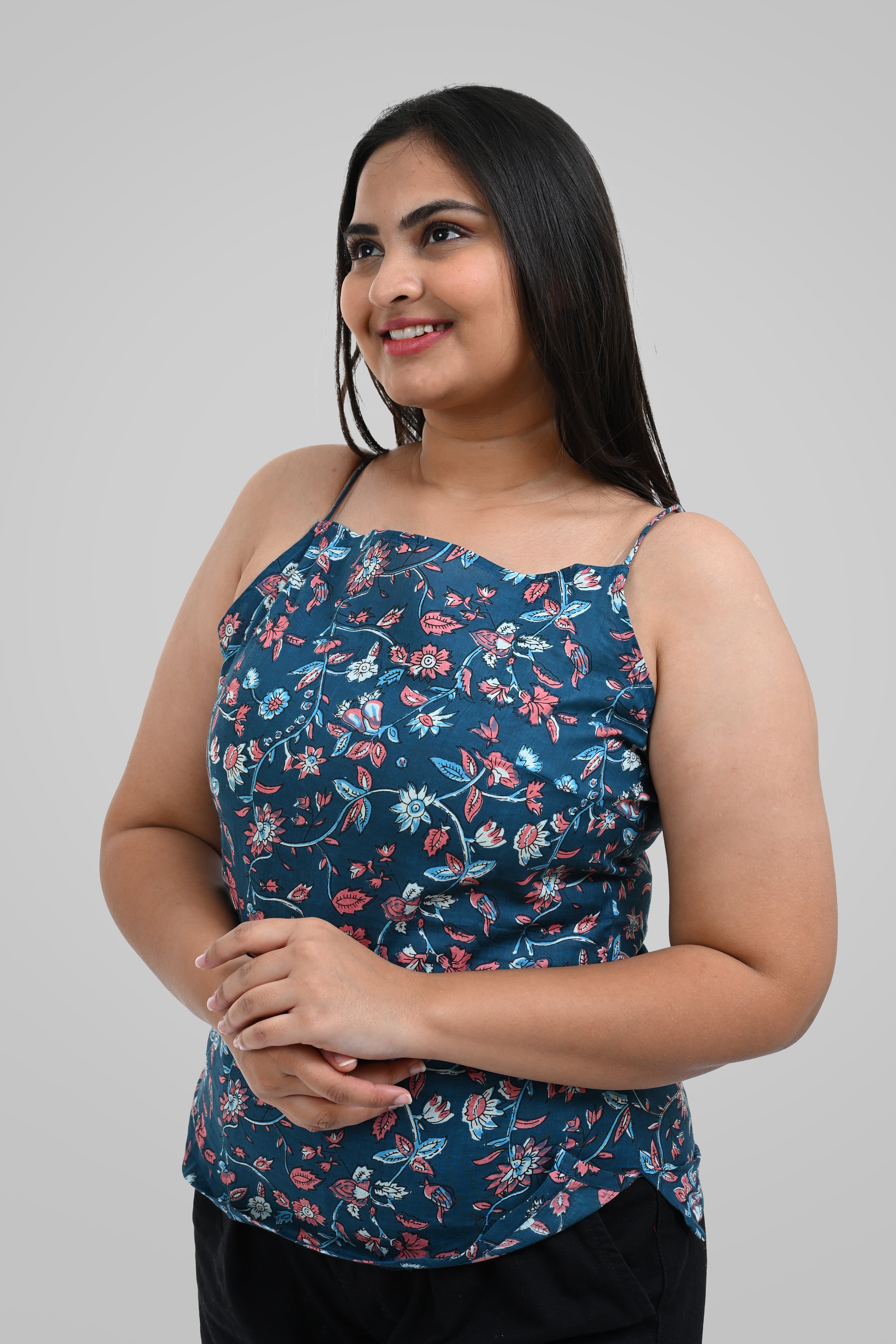 Blue Floral Cotton Printed Strap Top