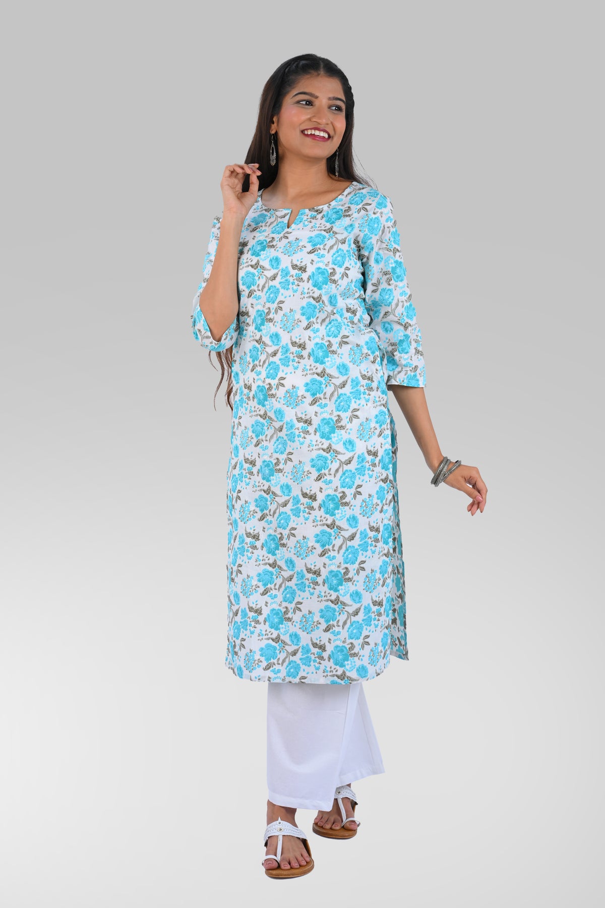 Blue Cotton Printed Long Kurta