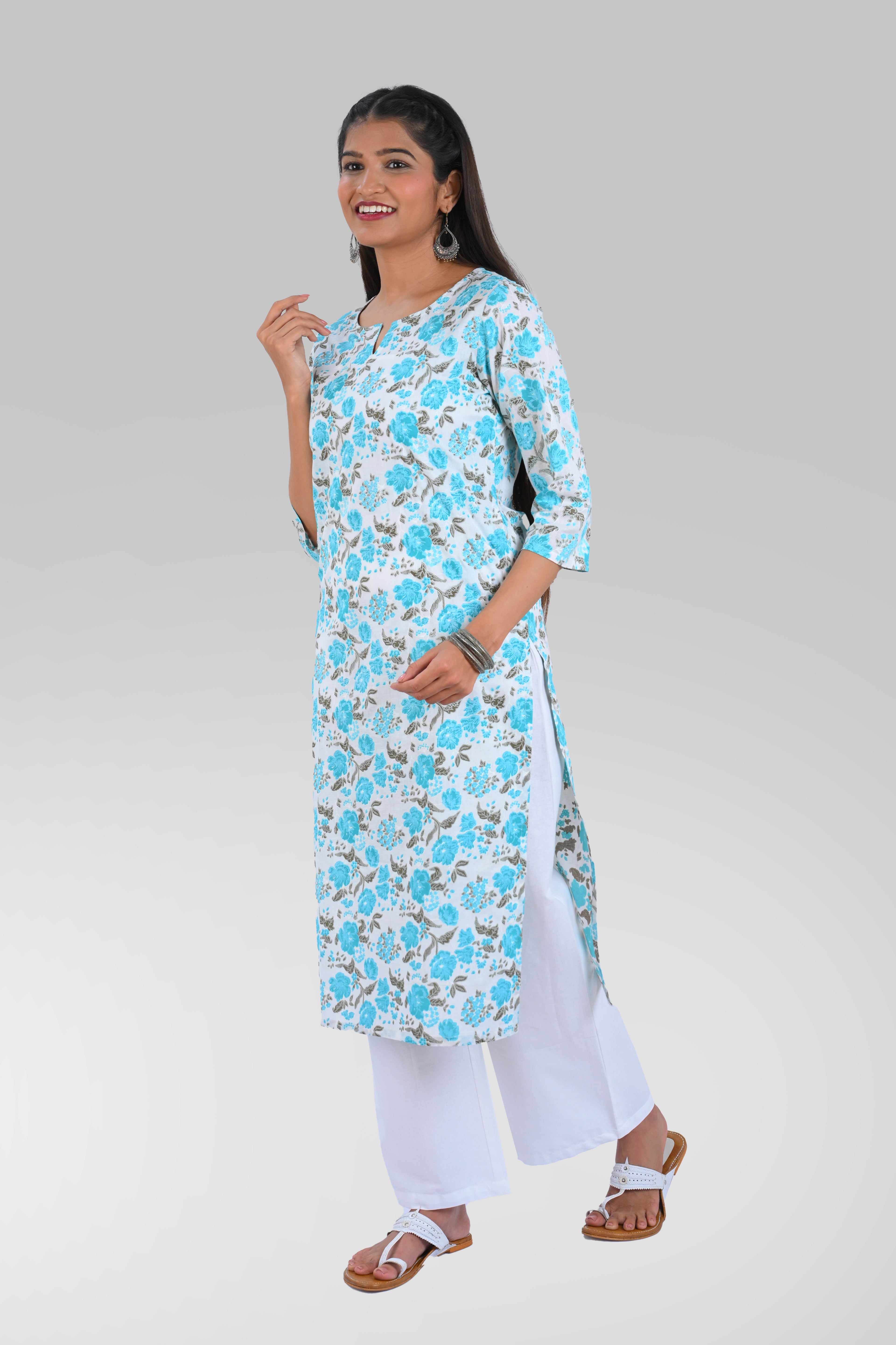 Blue Cotton Printed Long Kurta