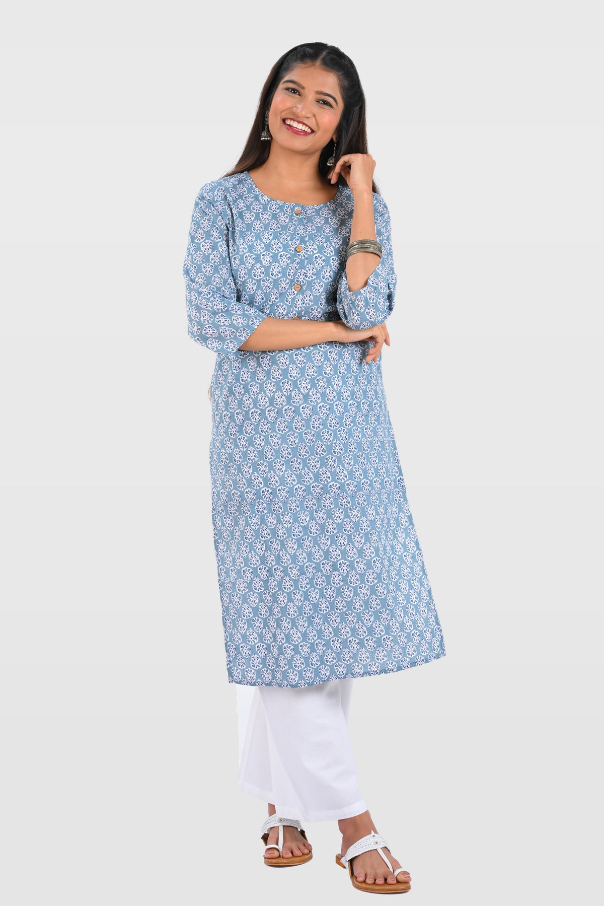 Blue Cotton Printed Long Kurta