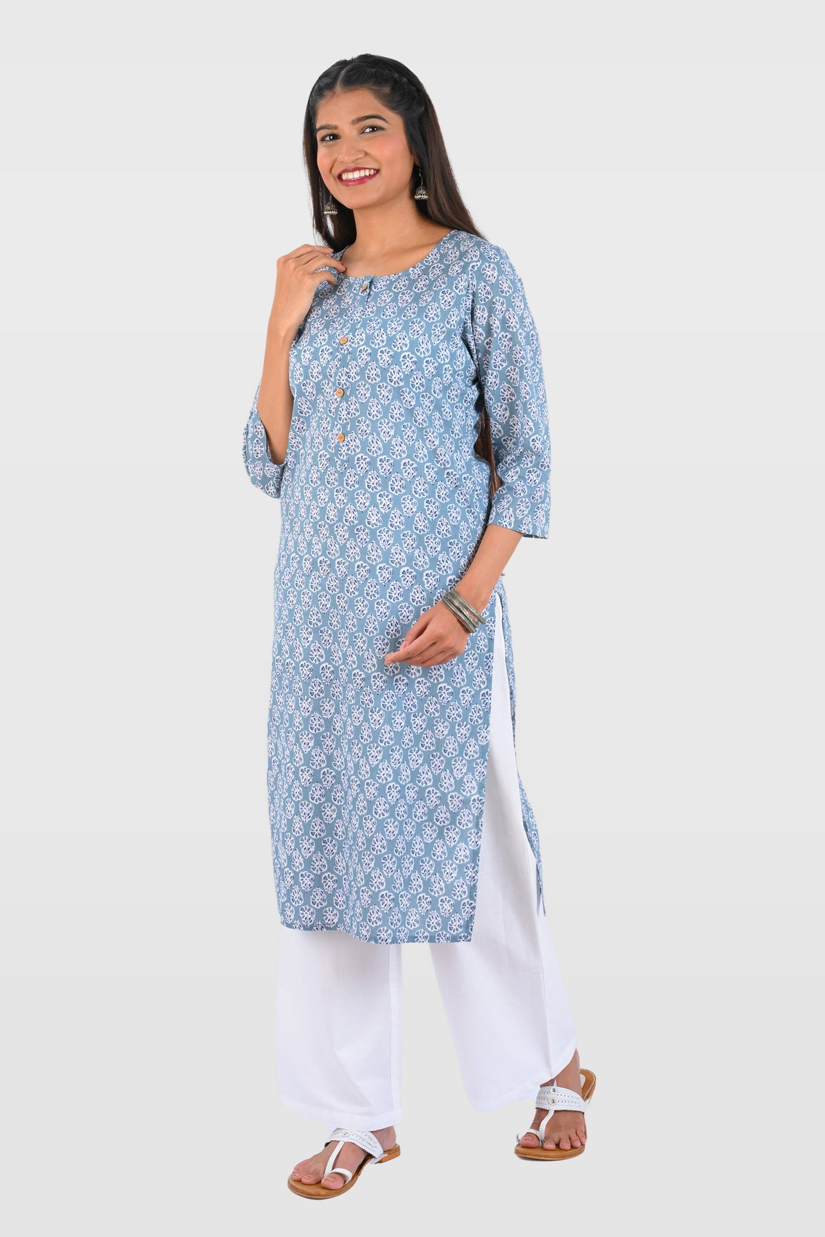 Blue Cotton Printed Long Kurta