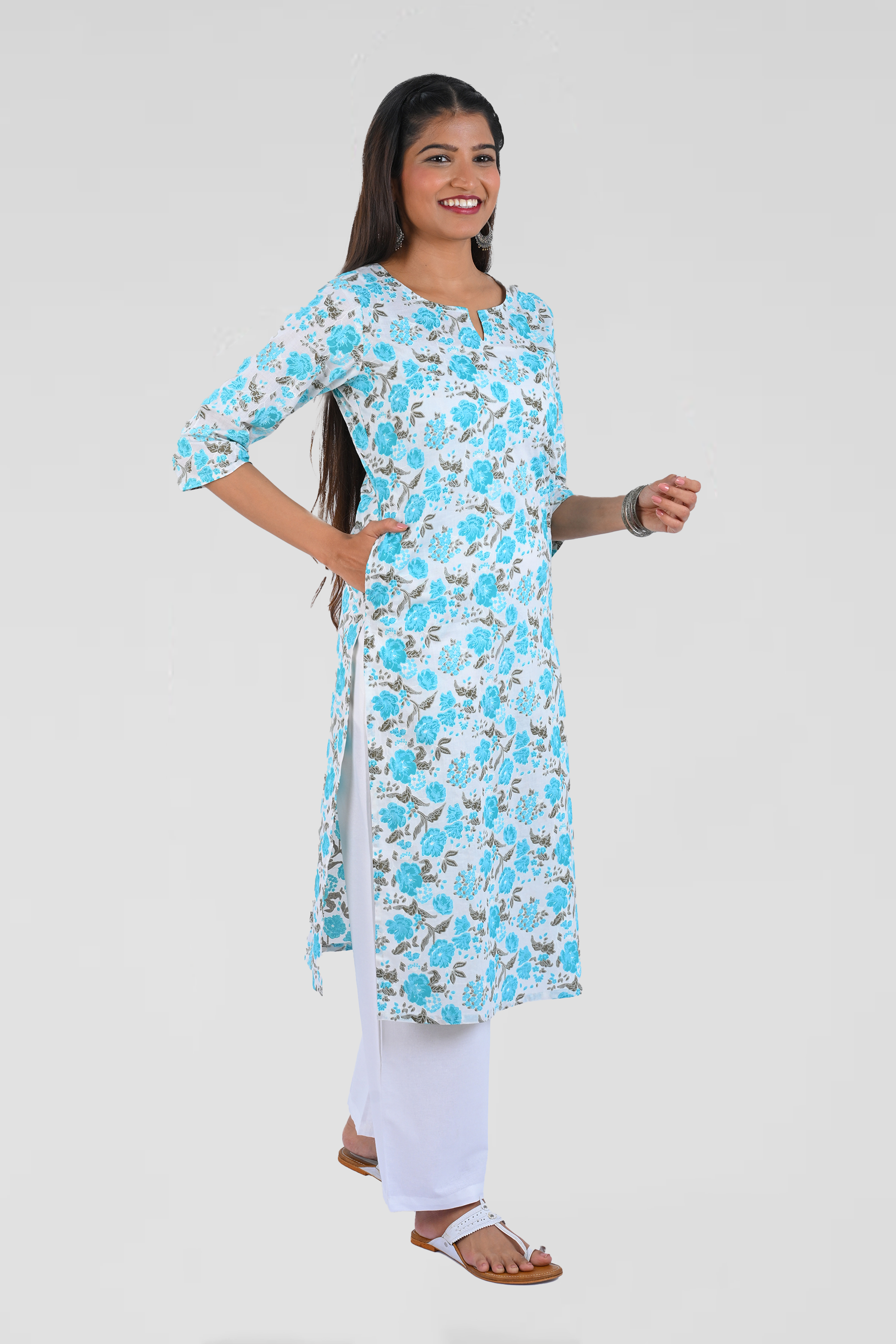 Blue Cotton Printed Long Kurta