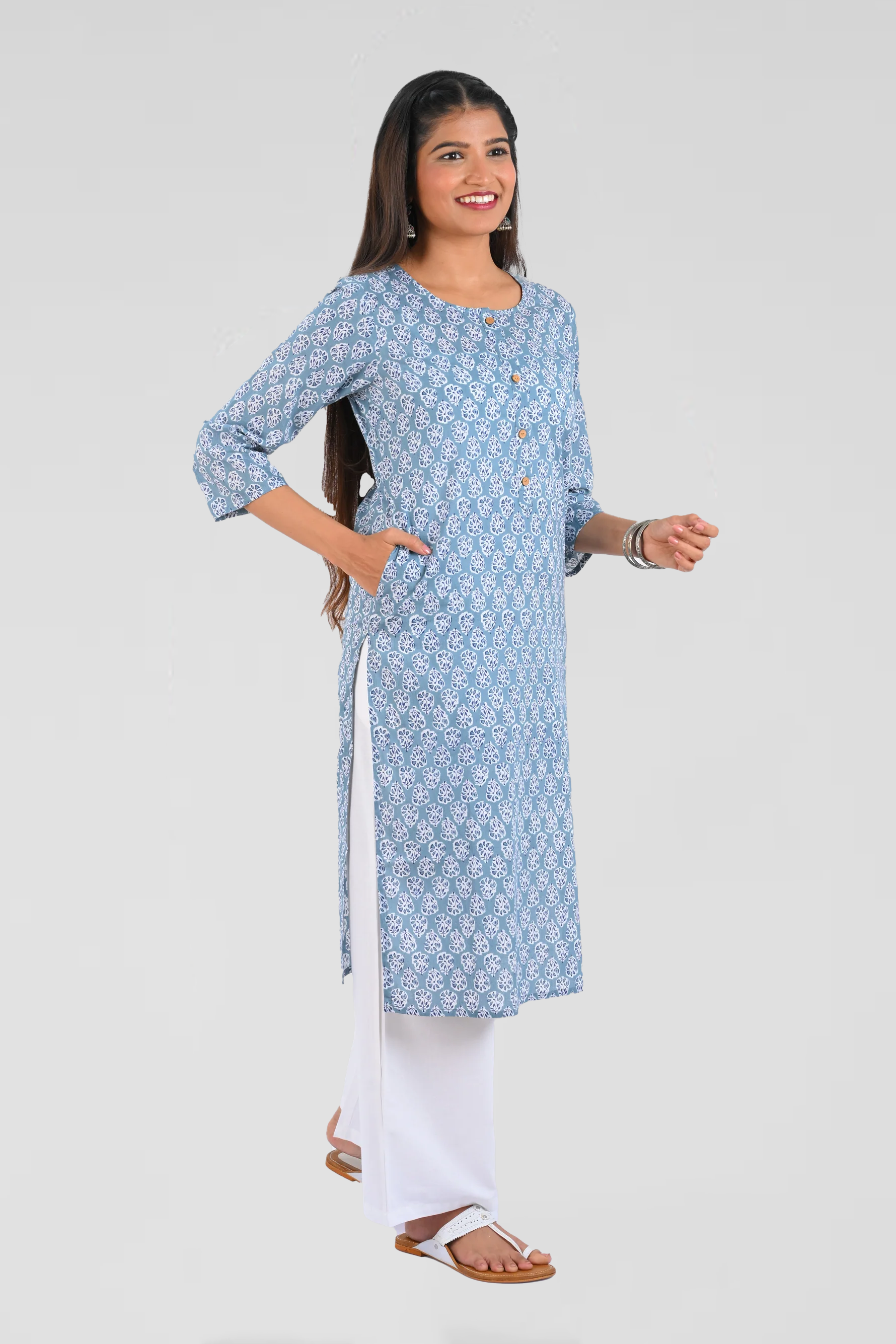 Blue Cotton Printed Long Kurta