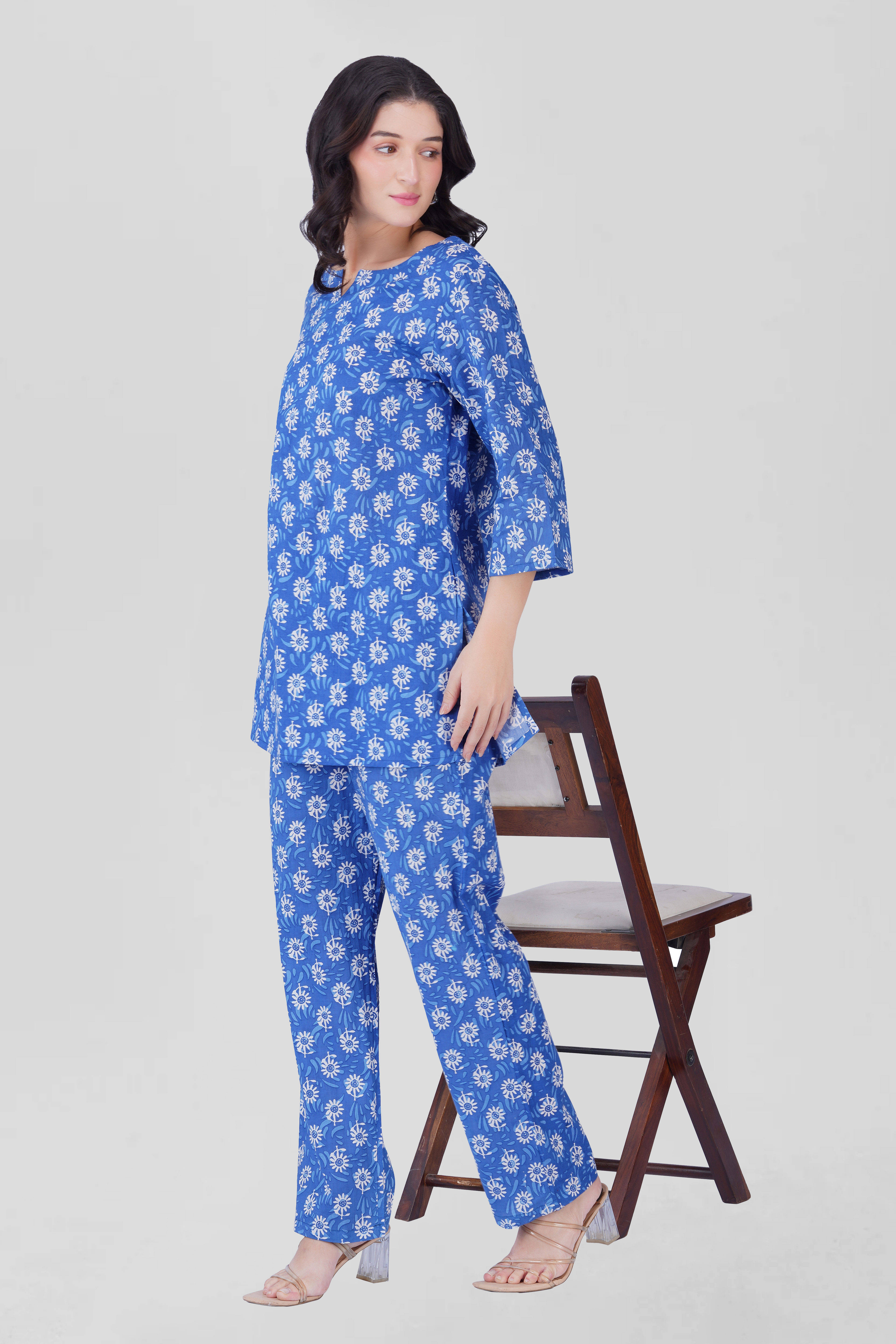 Blue Cotton Printed Pyjama Set