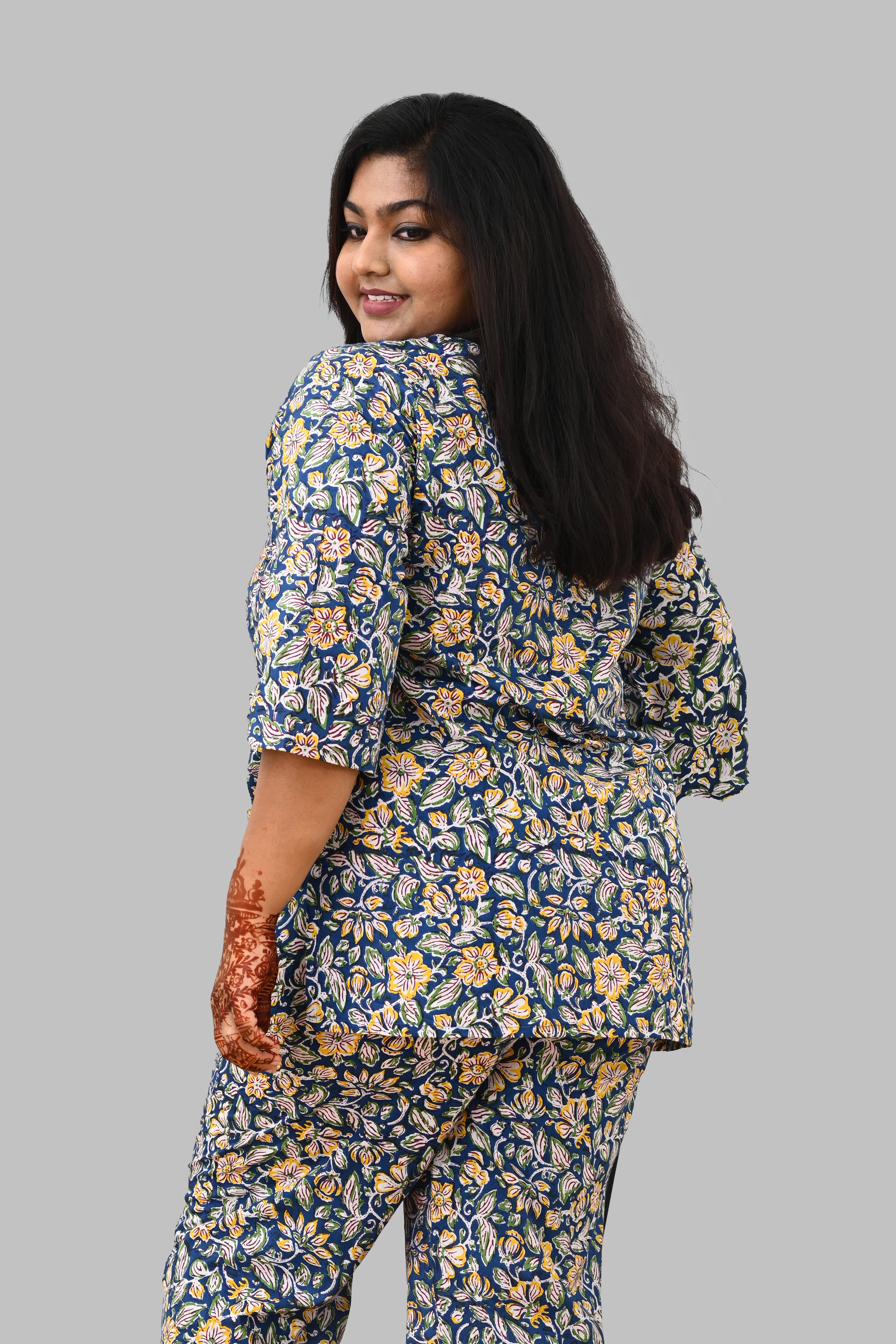 Blue Floral Plus Size Cotton Printed Pyjama Set