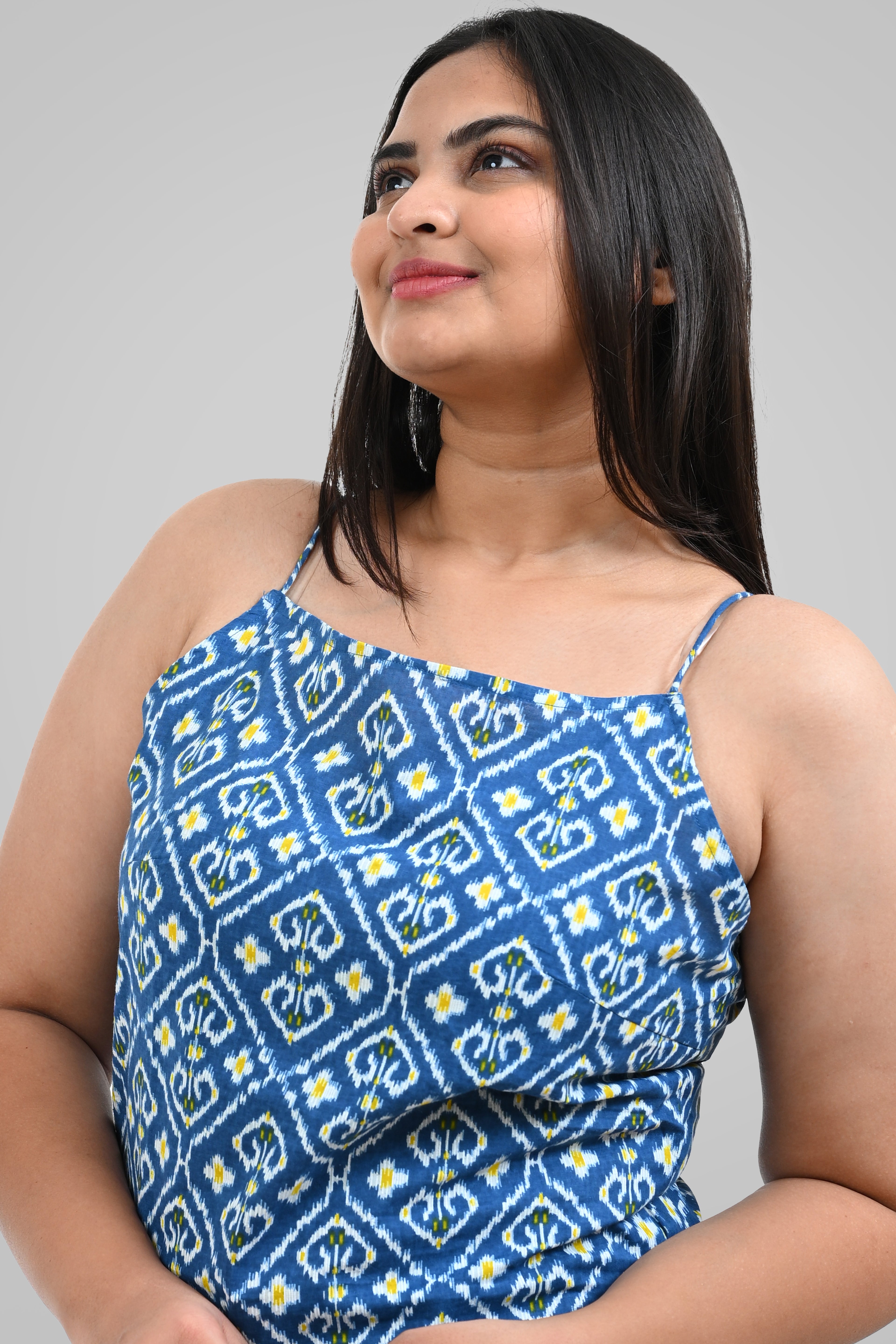 Blue Ikat Cotton Printed Strap Top