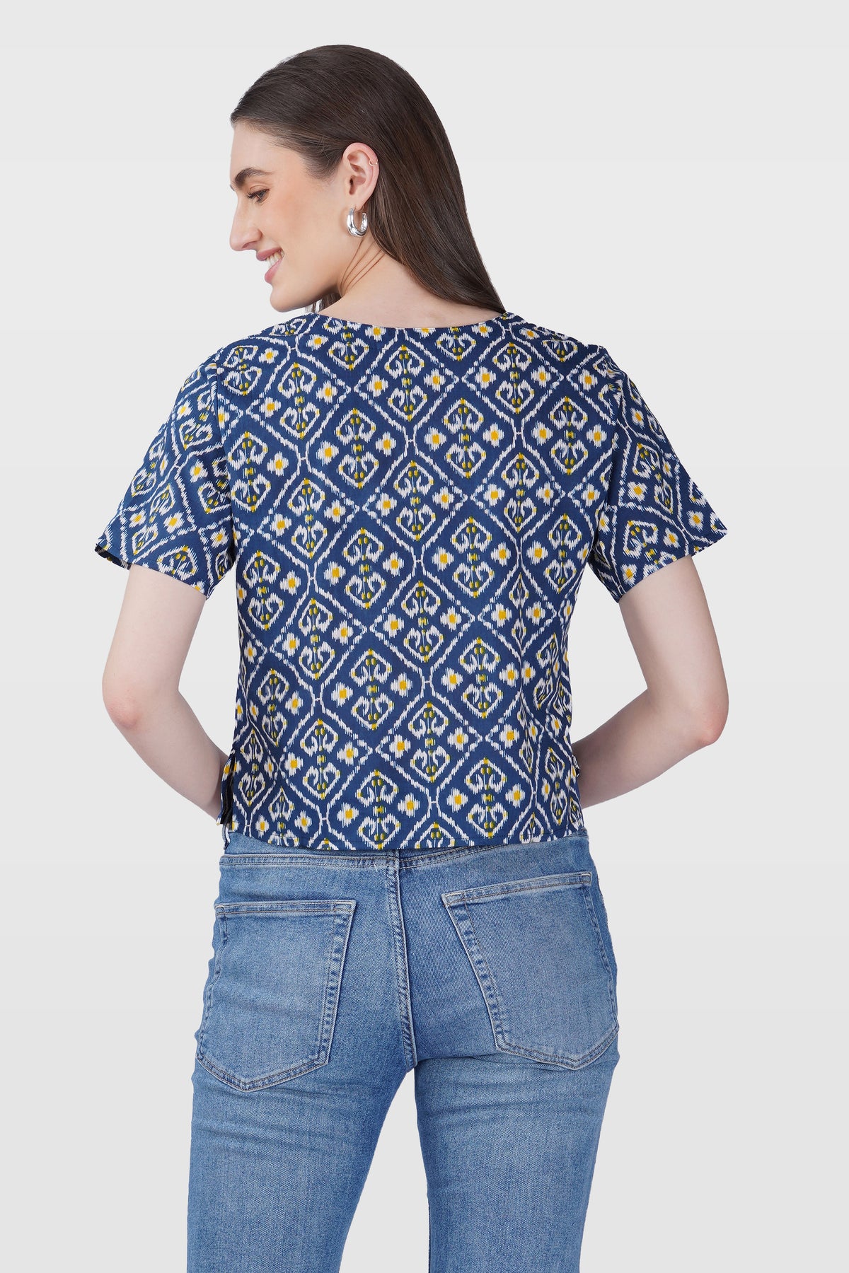 Blue Ikat V Neck Cotton Printed Top