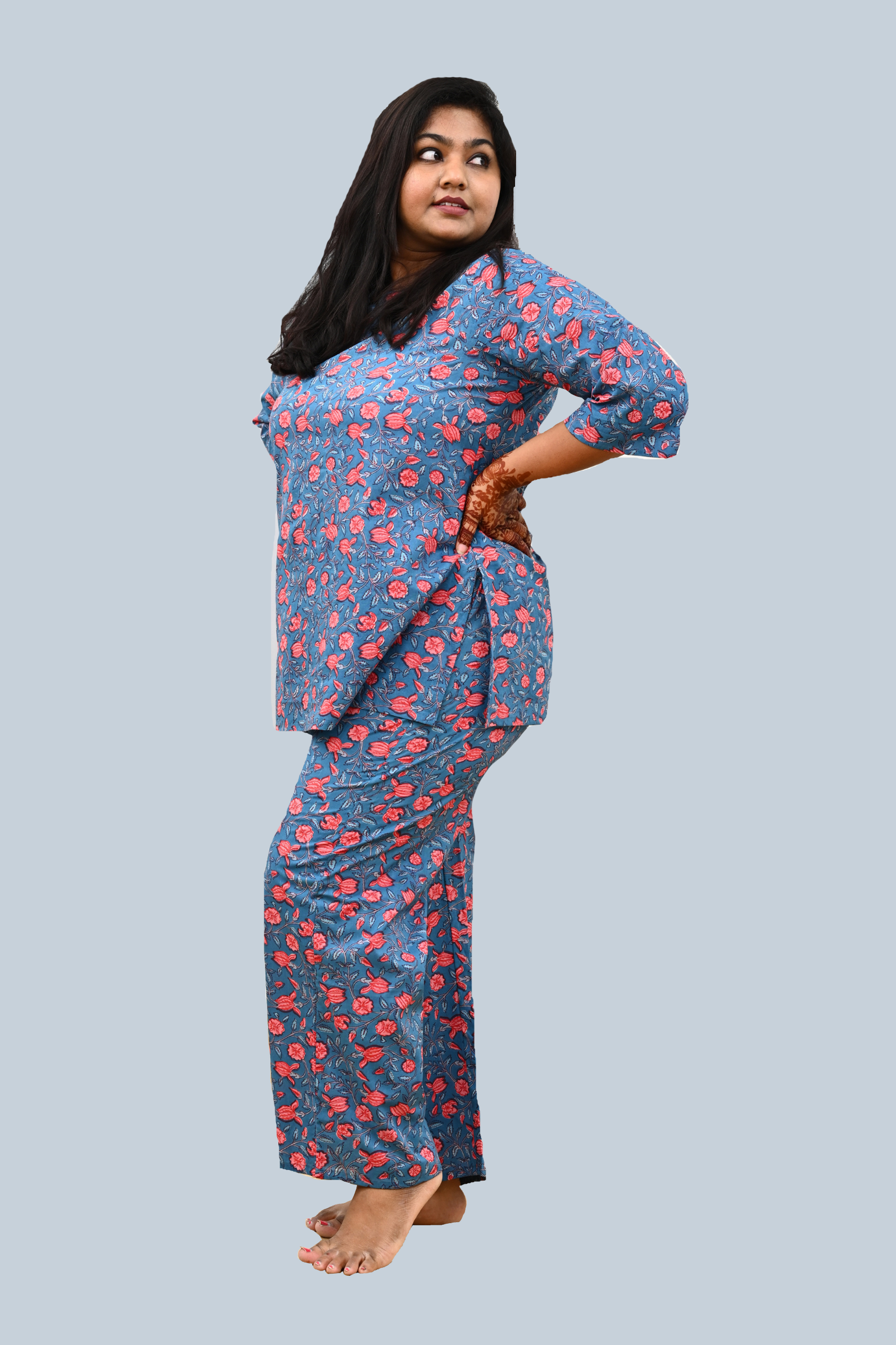 Blue Plus Size Cotton Printed Pyjama Set