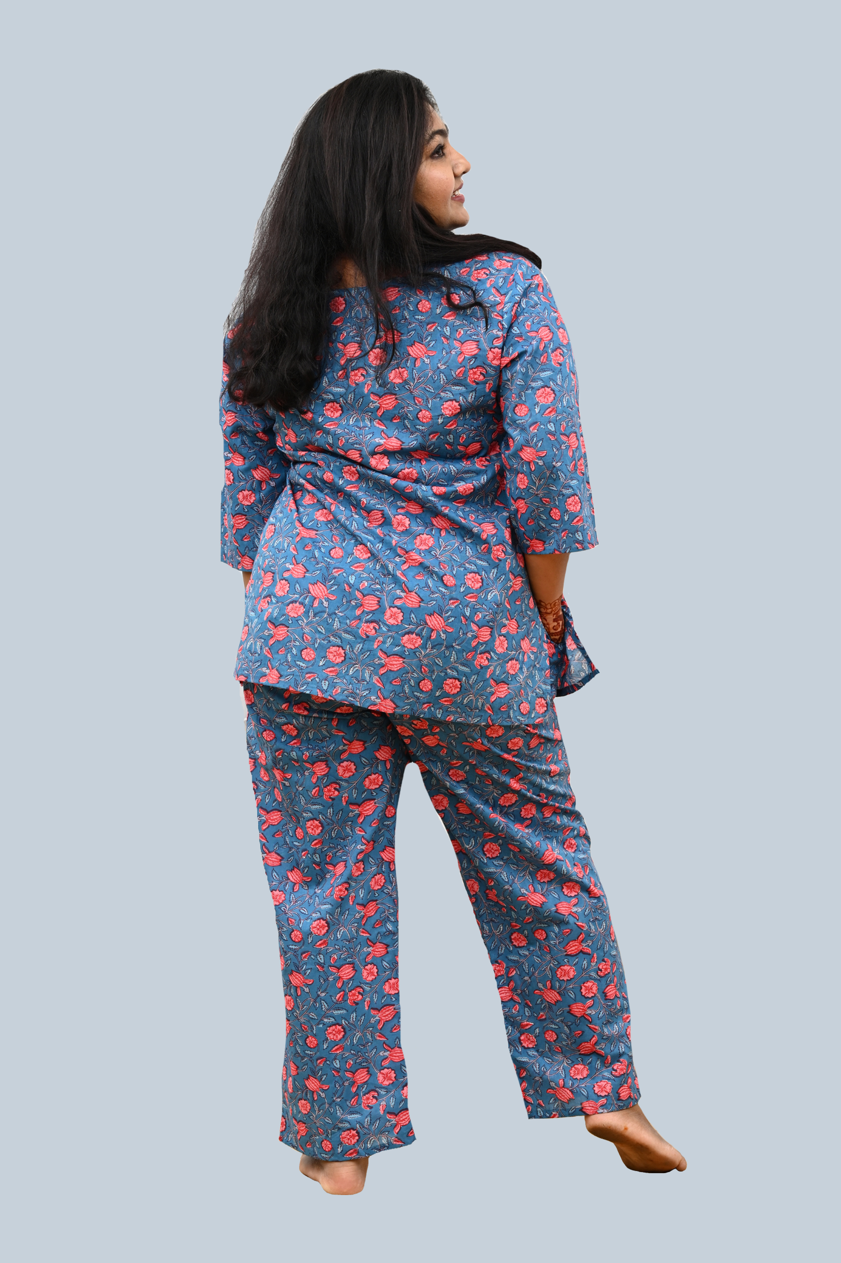 Blue Plus Size Cotton Printed Pyjama Set