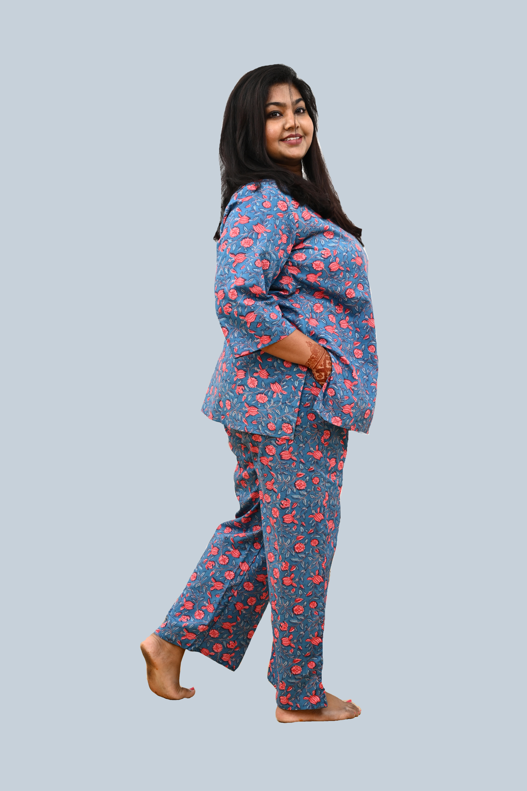Blue Plus Size Cotton Printed Pyjama Set