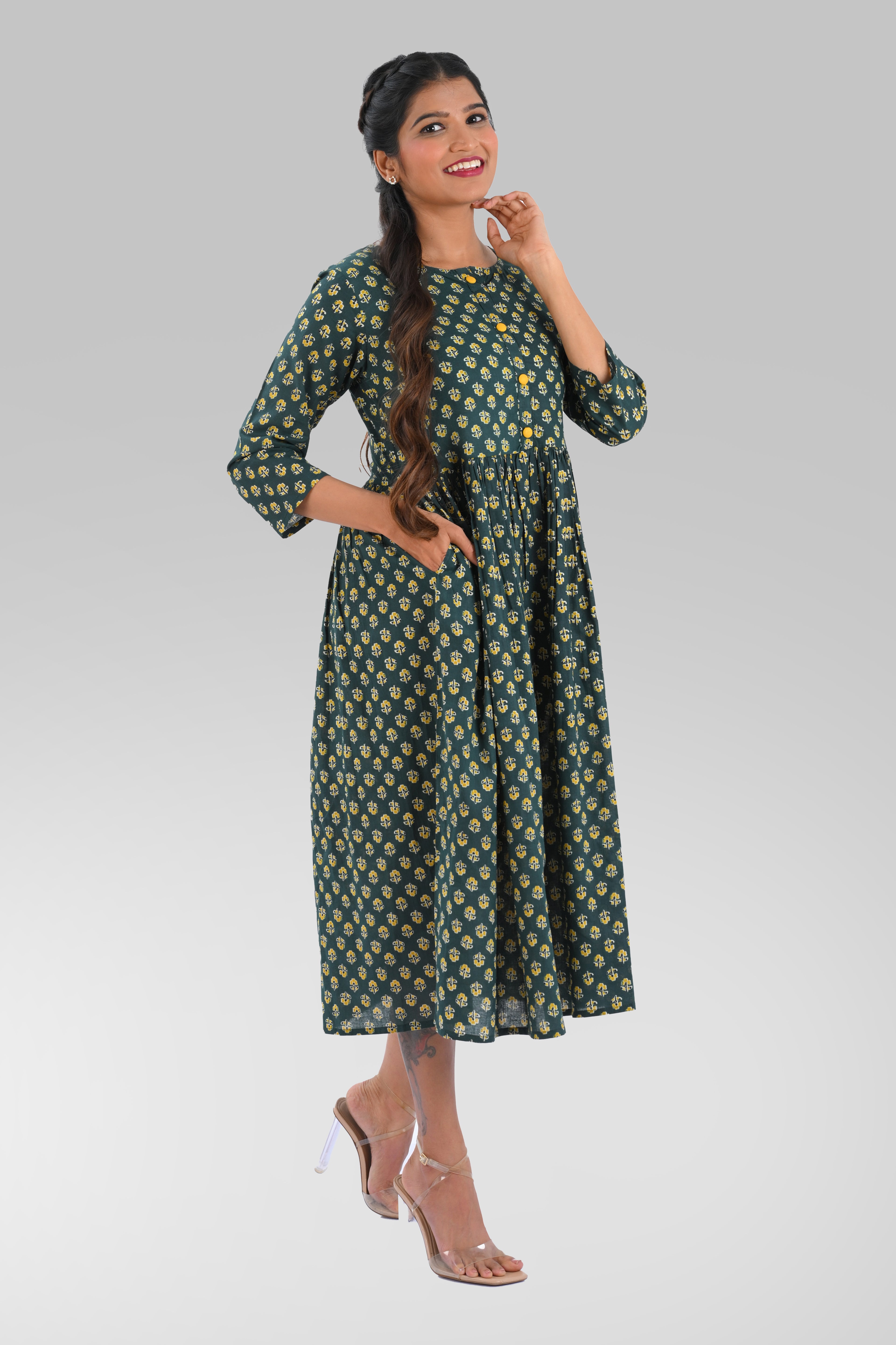 Bottle Green Cotton Printed Midi Dress