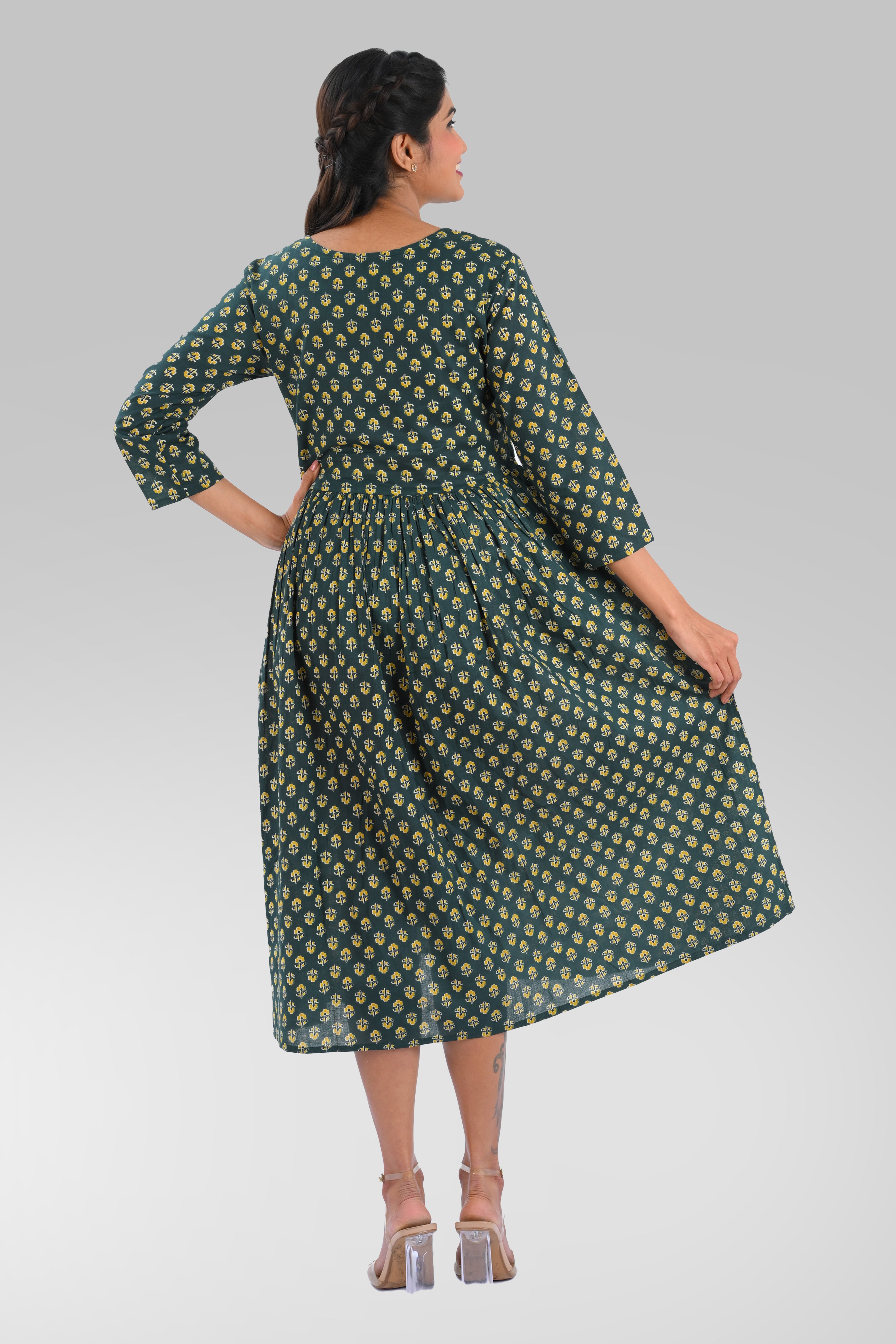 Bottle Green Cotton Printed Midi Dress
