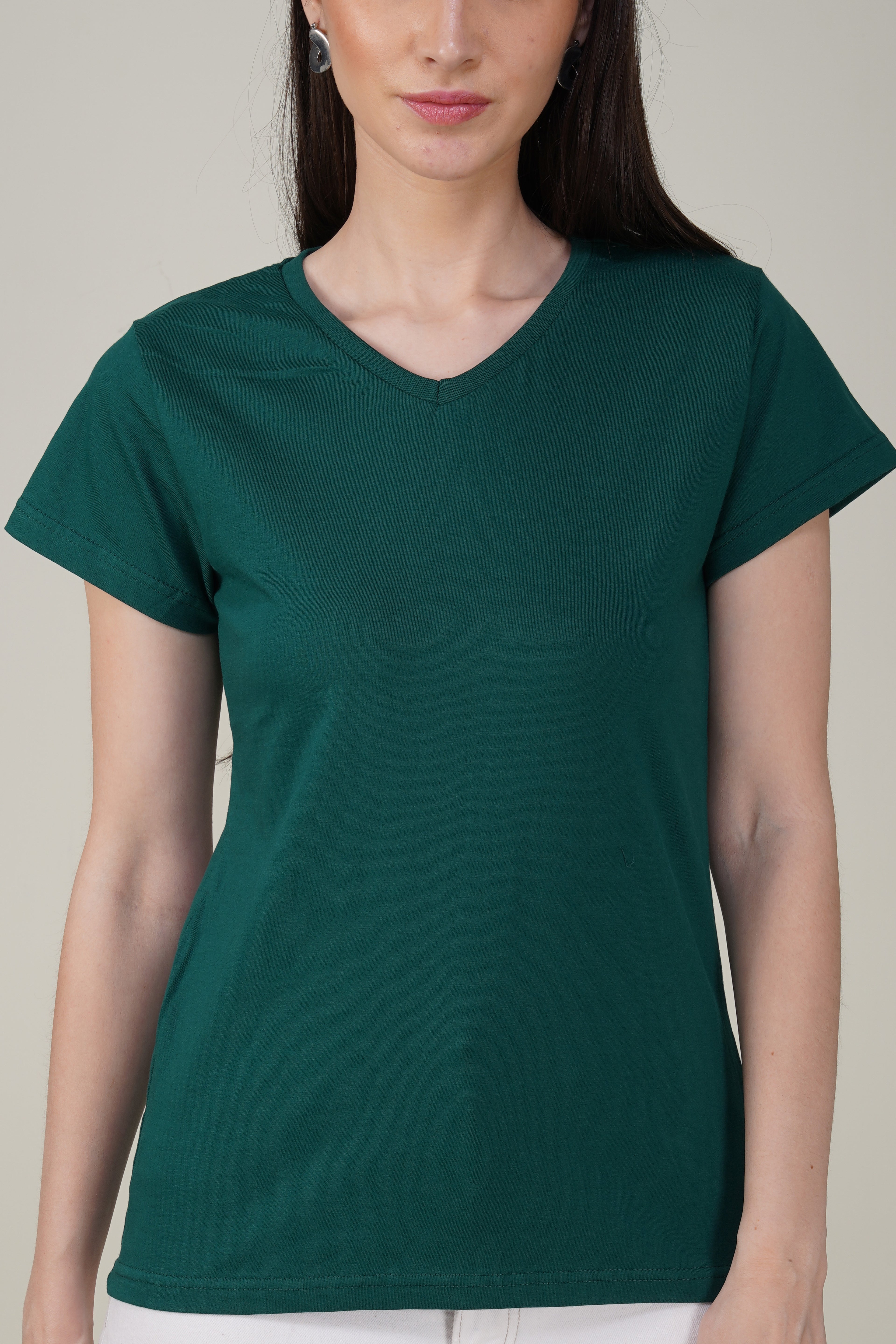 Bottle Green Cotton V-Neck T-Shirt