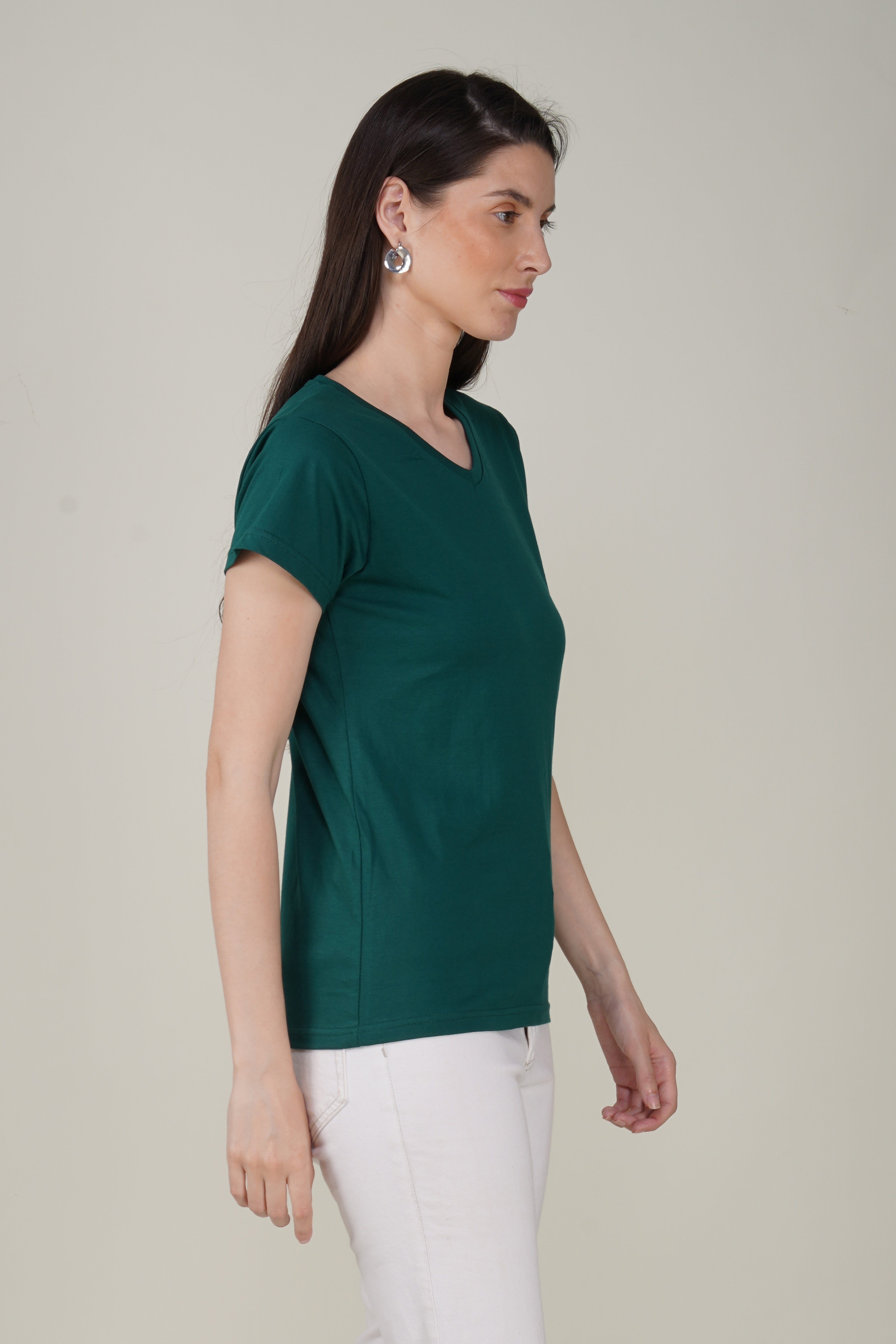 Bottle Green Cotton V-Neck T-Shirt