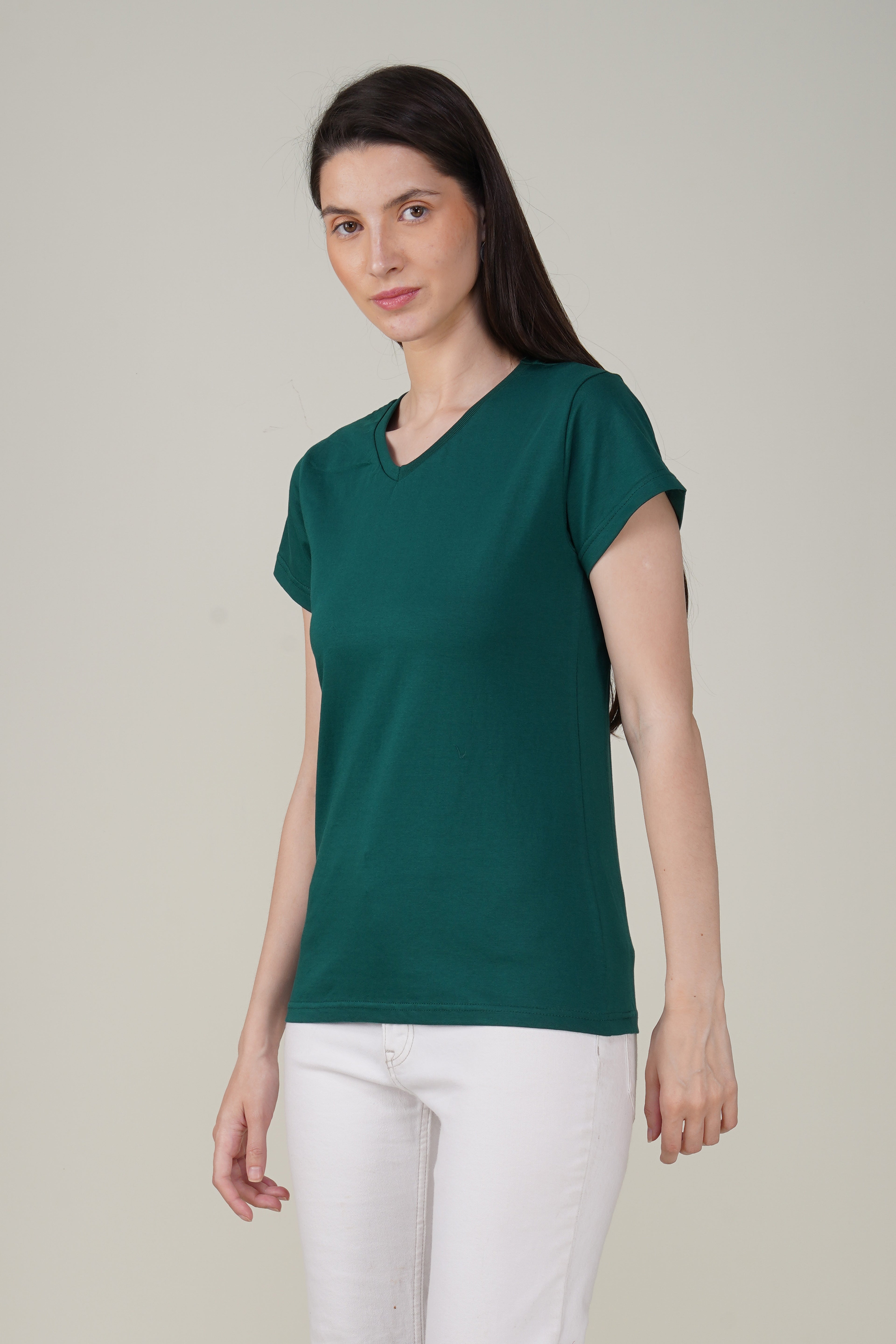 Bottle Green Cotton V-Neck T-Shirt