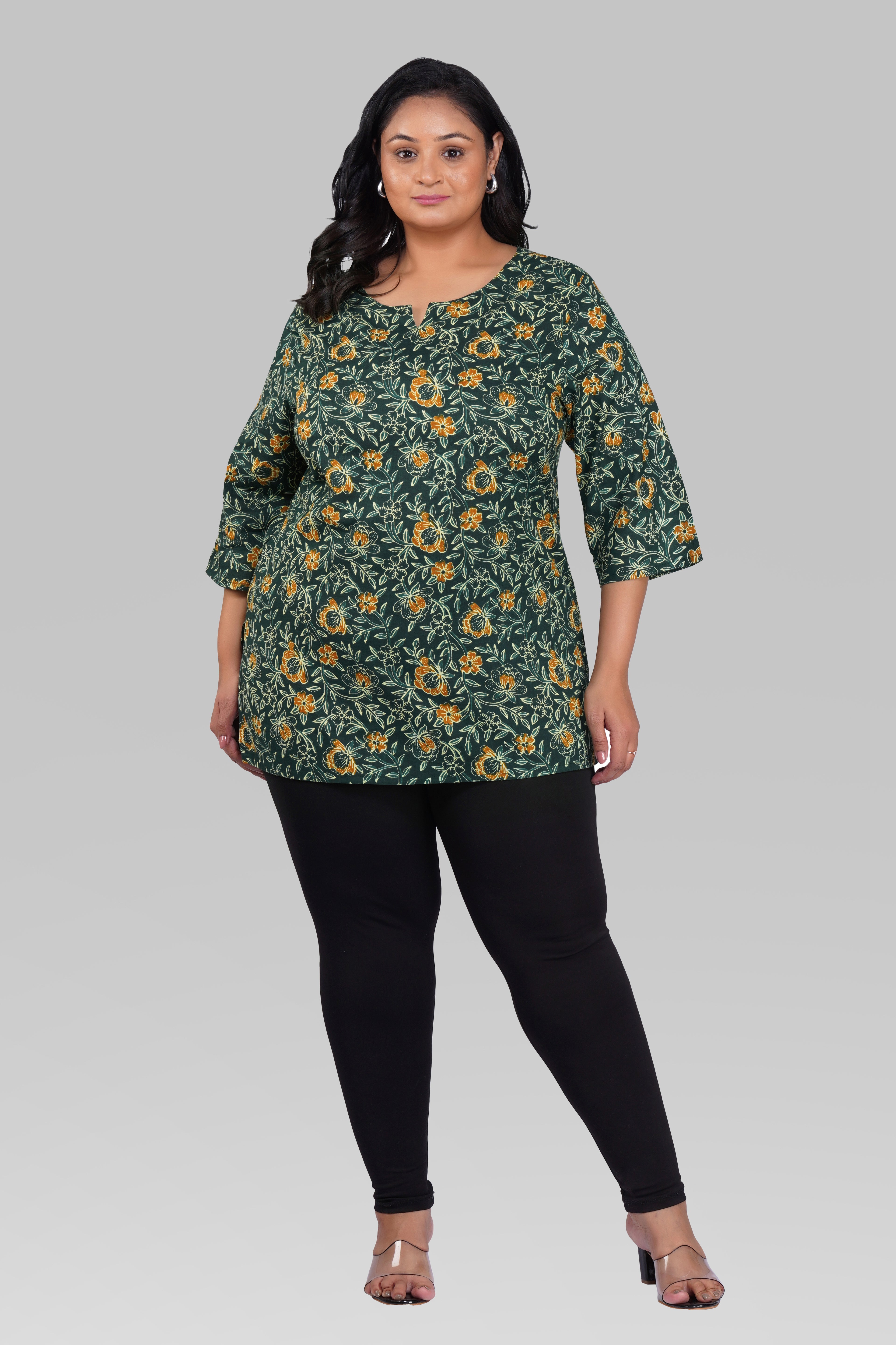 Bottle Green Plus Size Cotton Printed Kurti