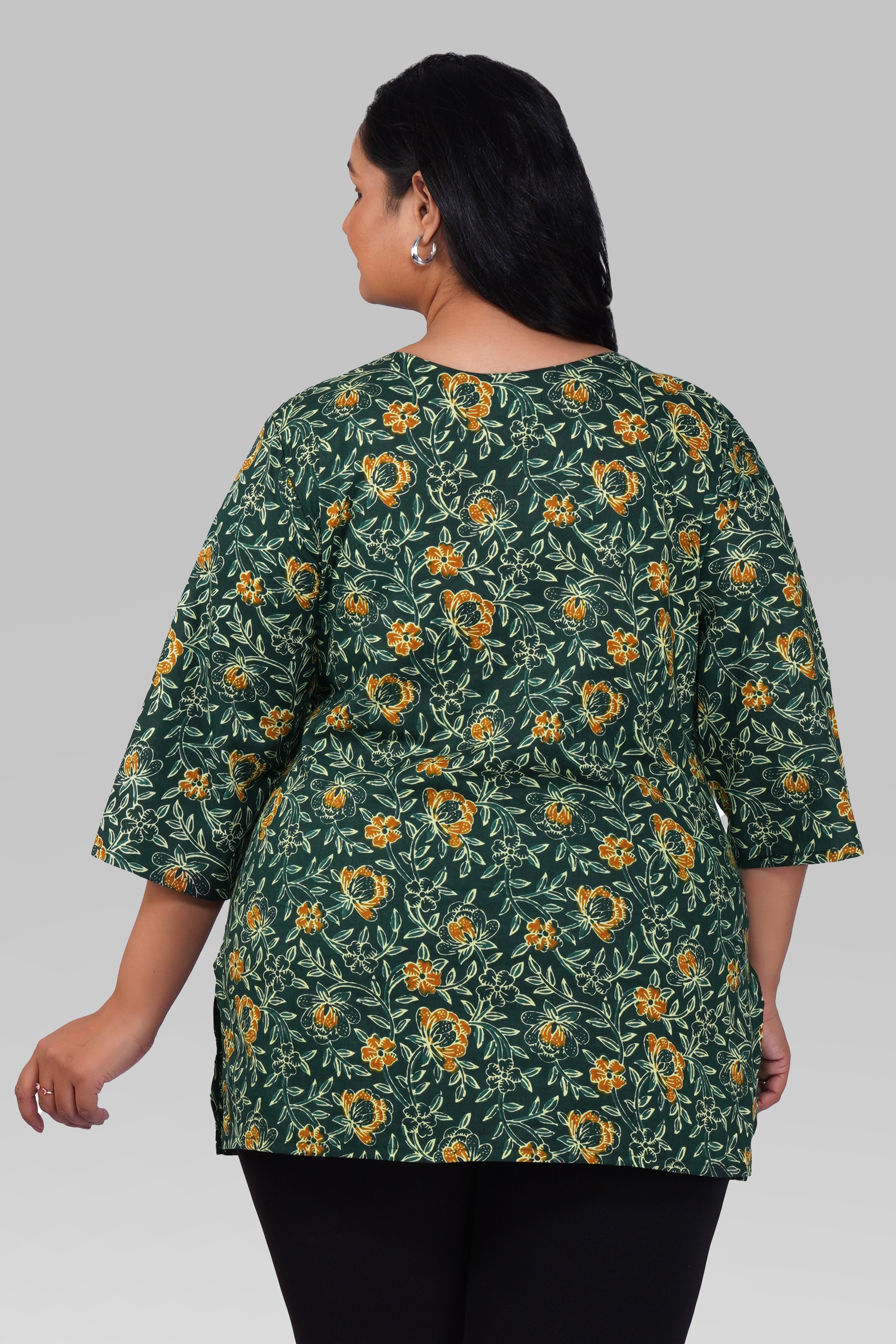 Bottle Green Plus Size Cotton Printed Kurti