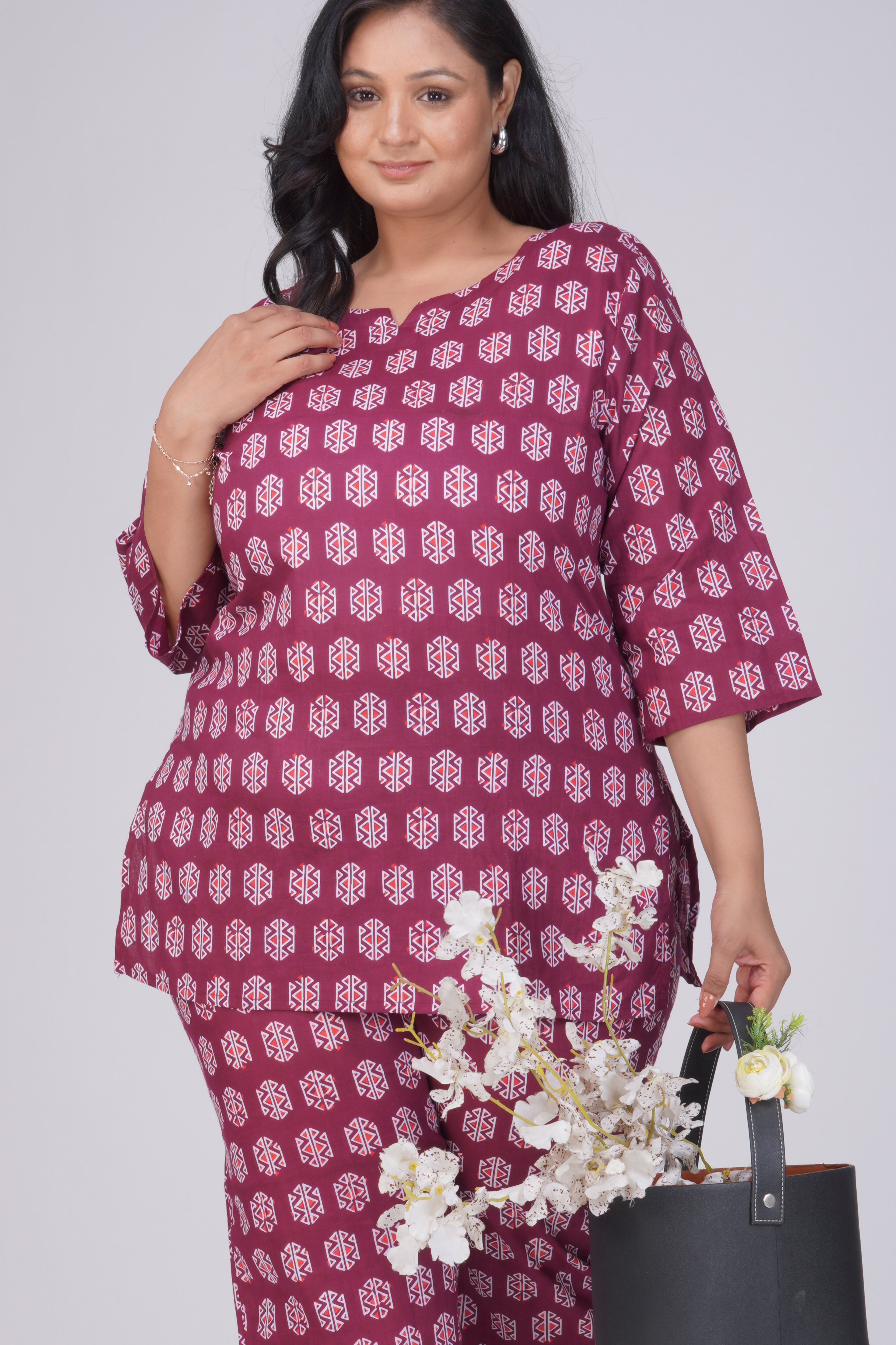 Burgundy Plus Size Cotton Printed Pyjama Set