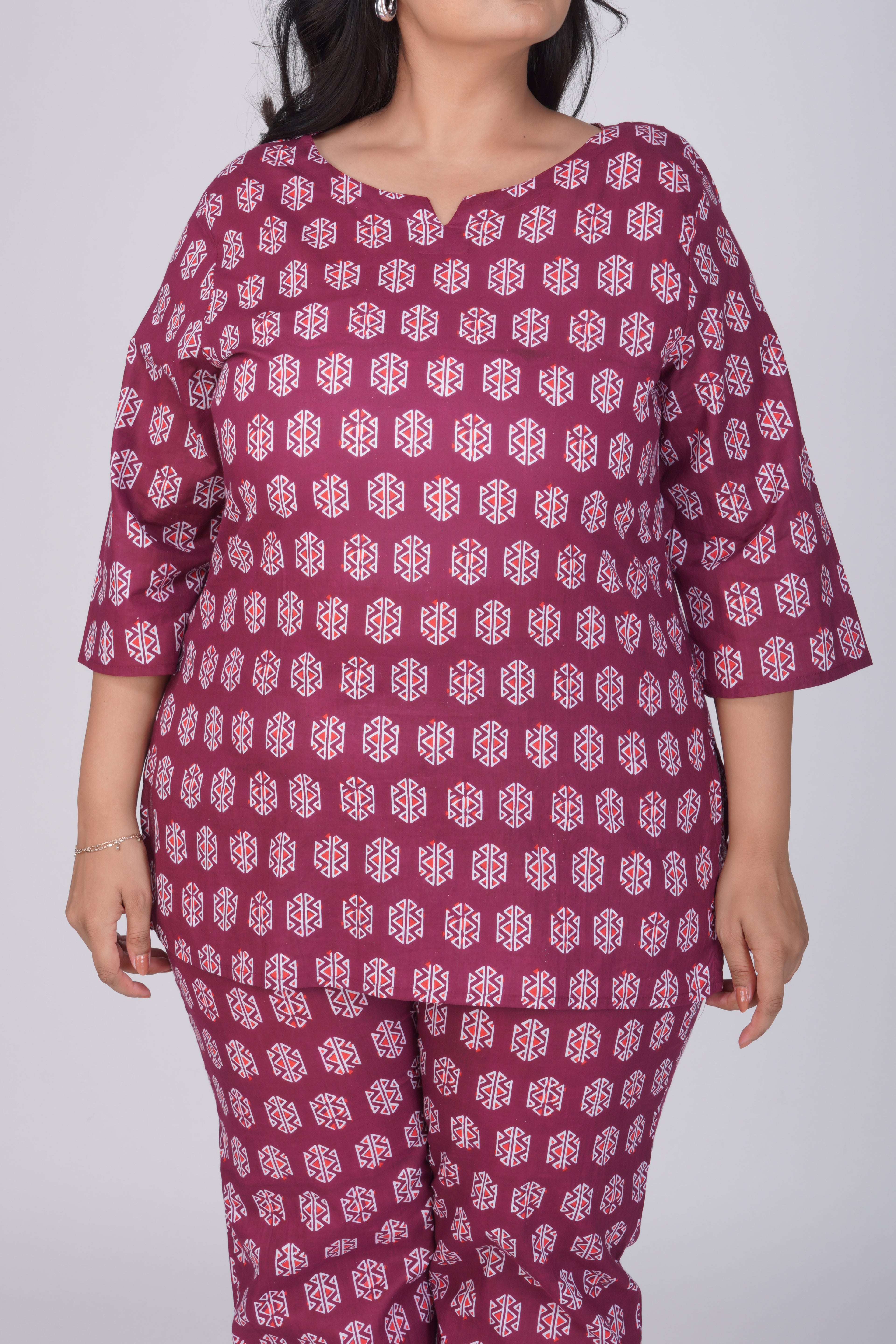 Burgundy Plus Size Cotton Printed Pyjama Set