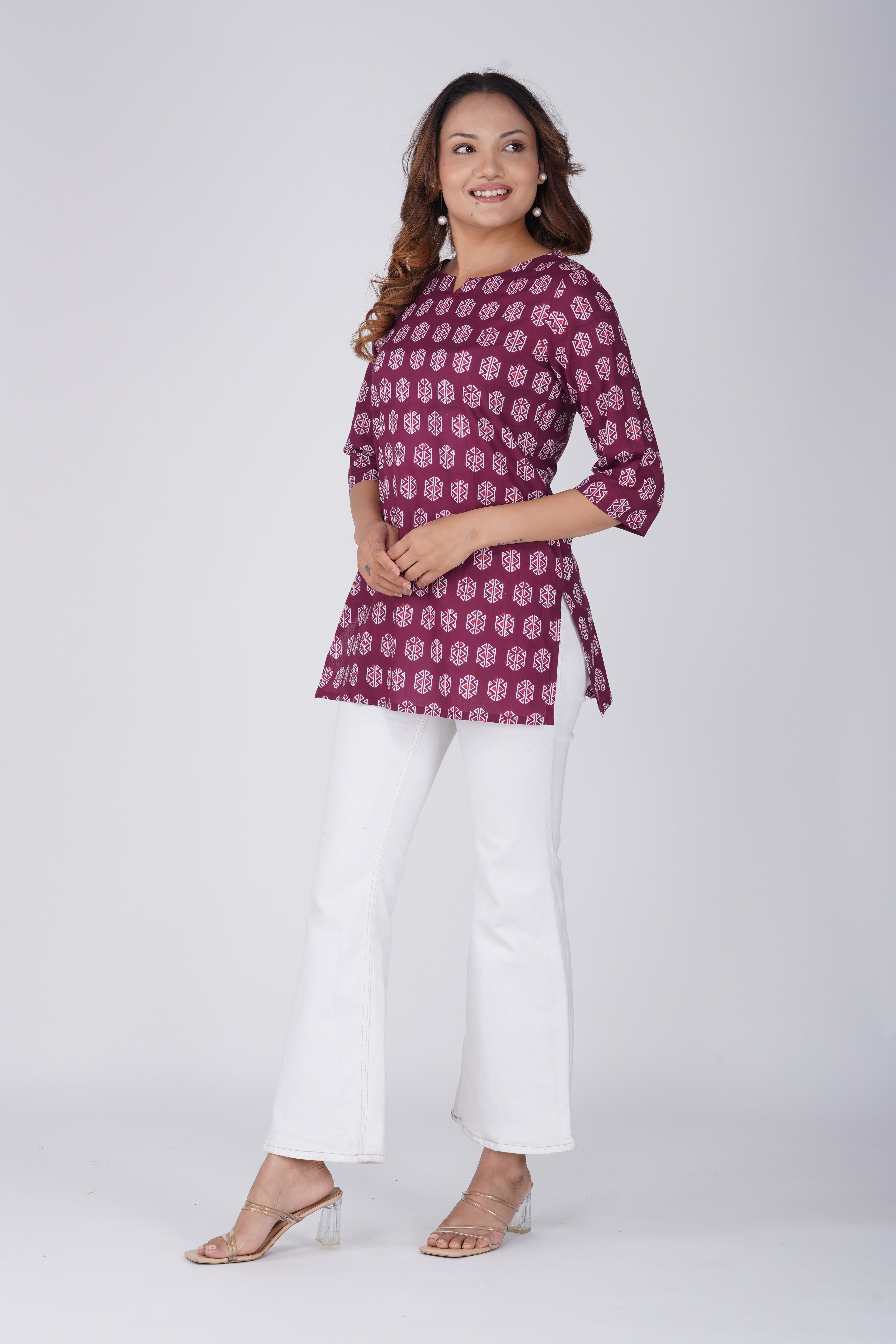 Burgundy Cotton Printed Kurti