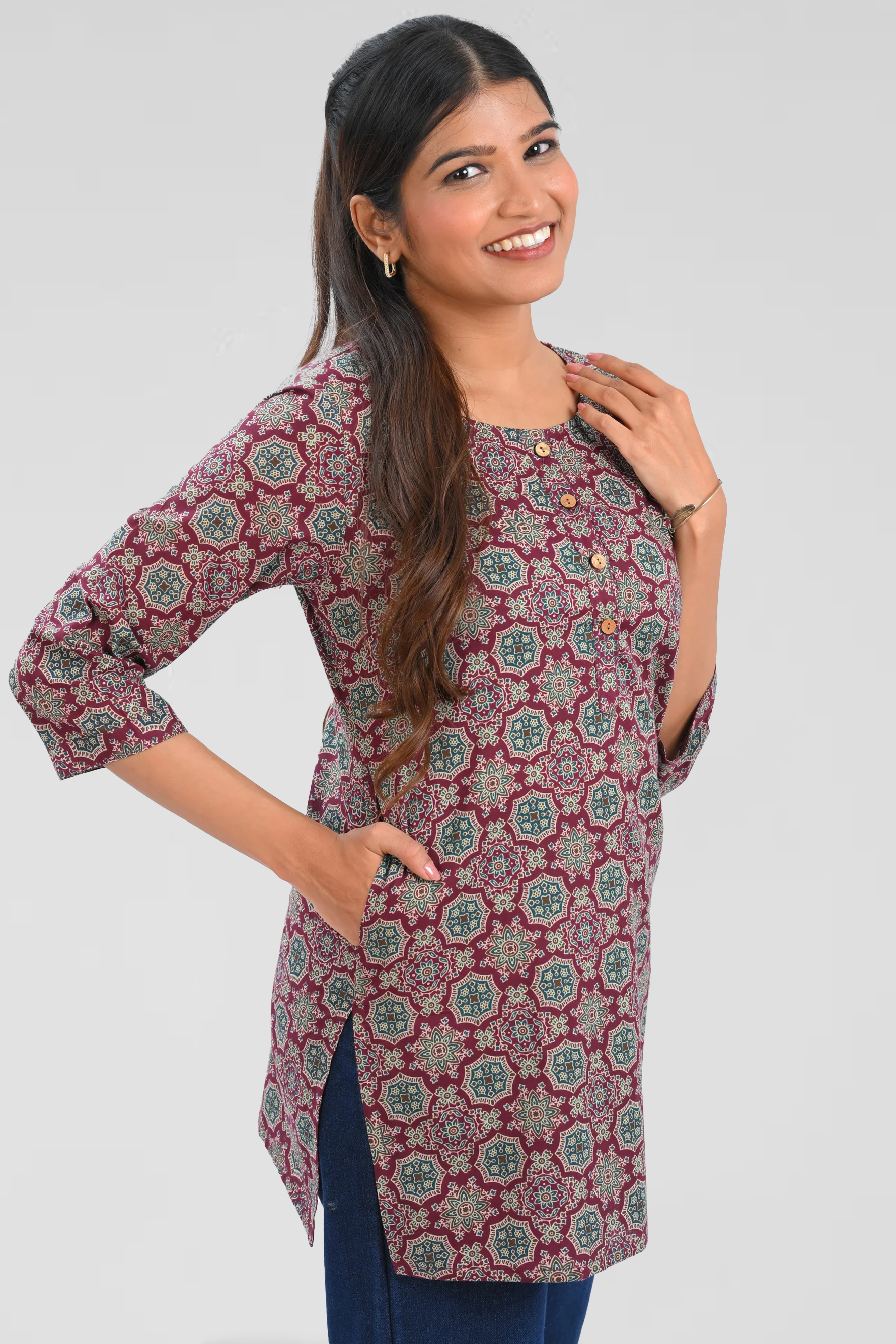 Burgundy Cotton Printed Short Kurti