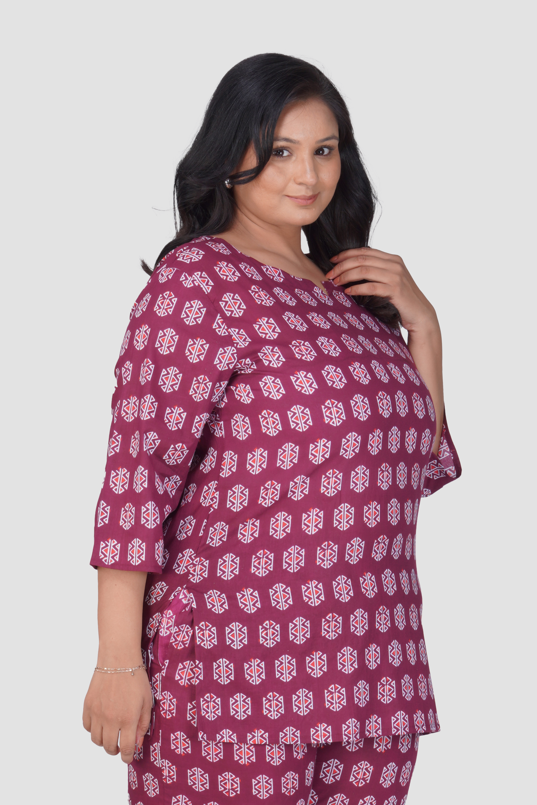 Burgundy Plus Size Cotton Printed Pyjama Set