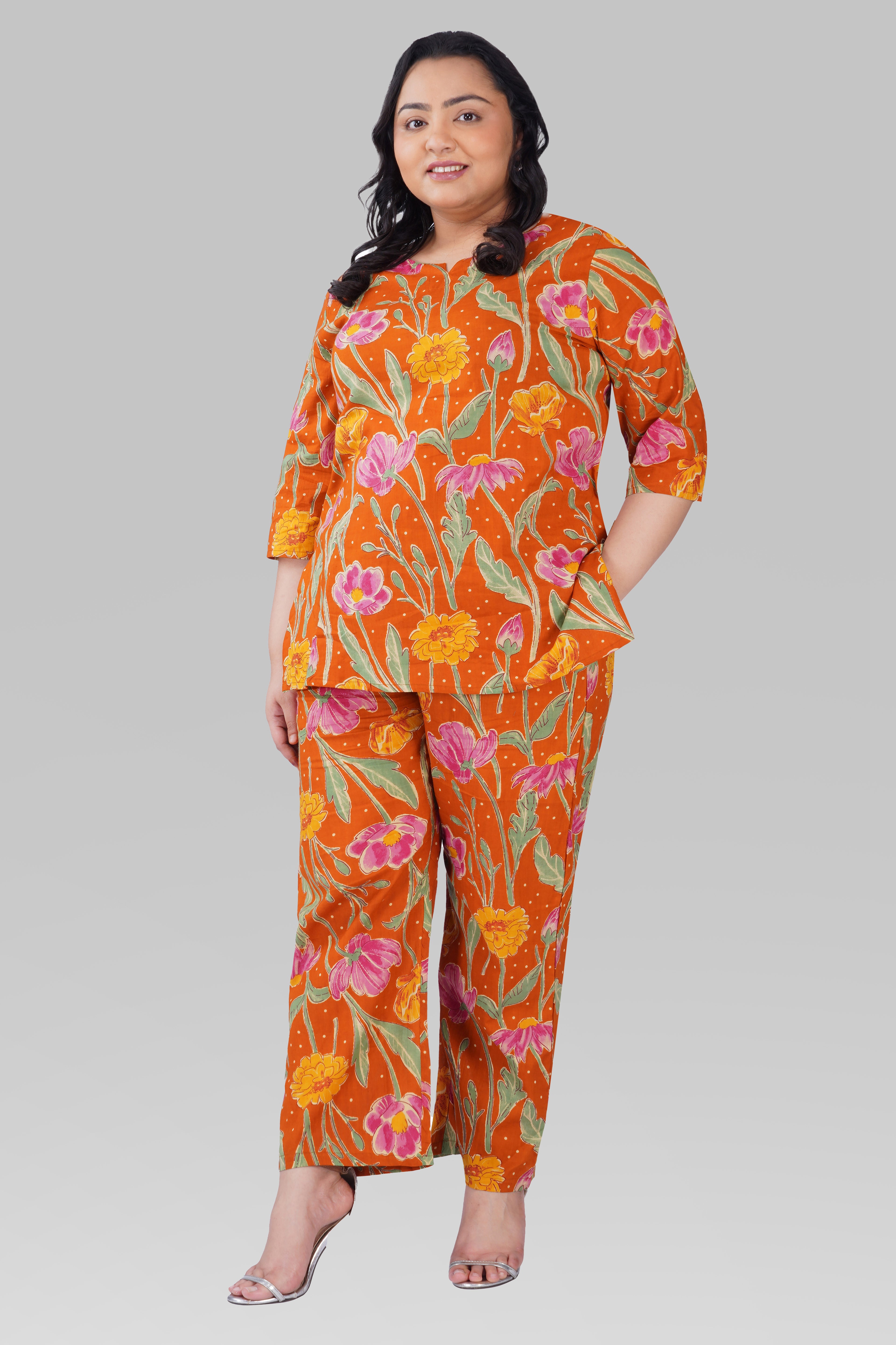 Burnt Orange Plus Size Cotton Printed Pyjama Set