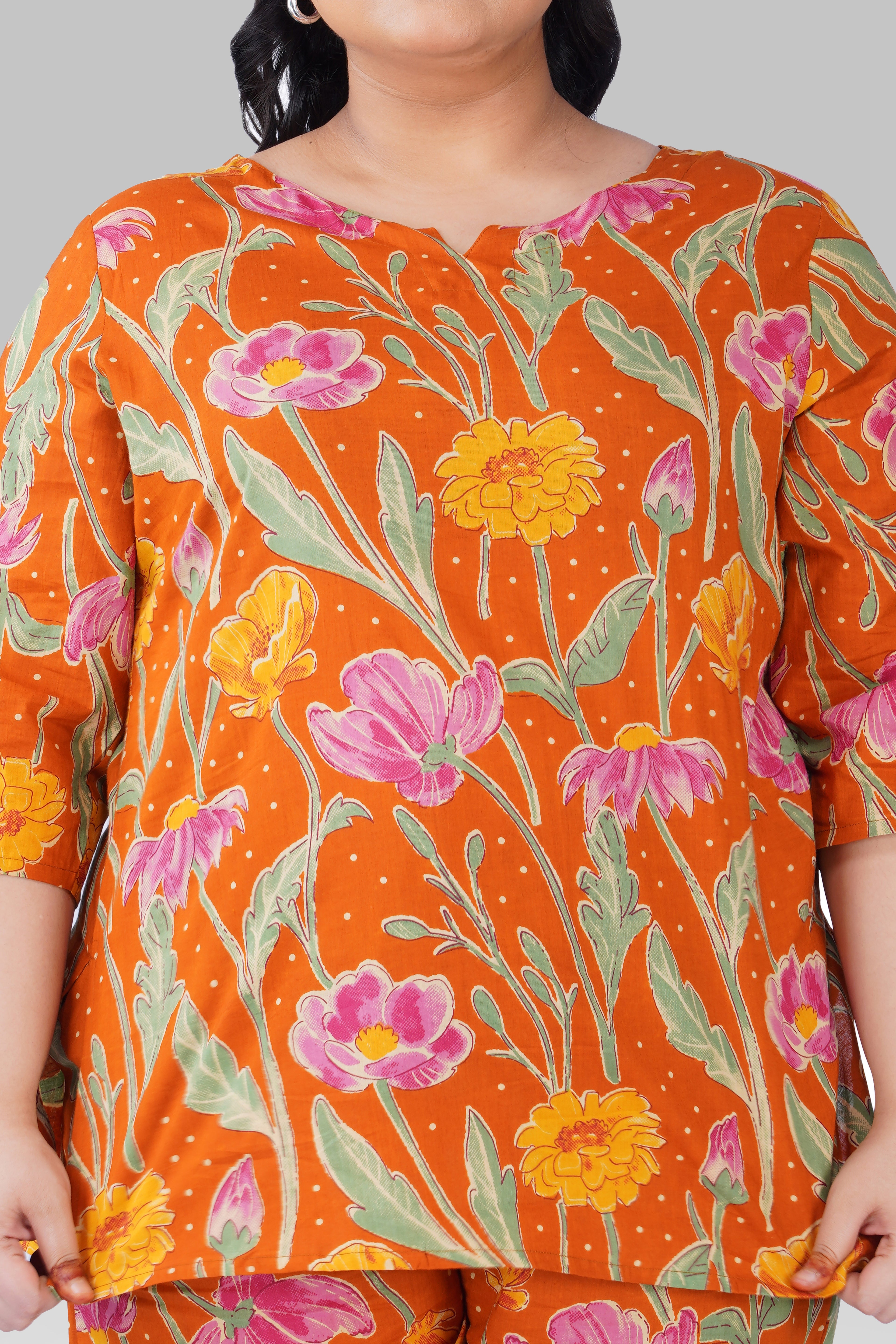 Burnt Orange Plus Size Cotton Printed Pyjama Set