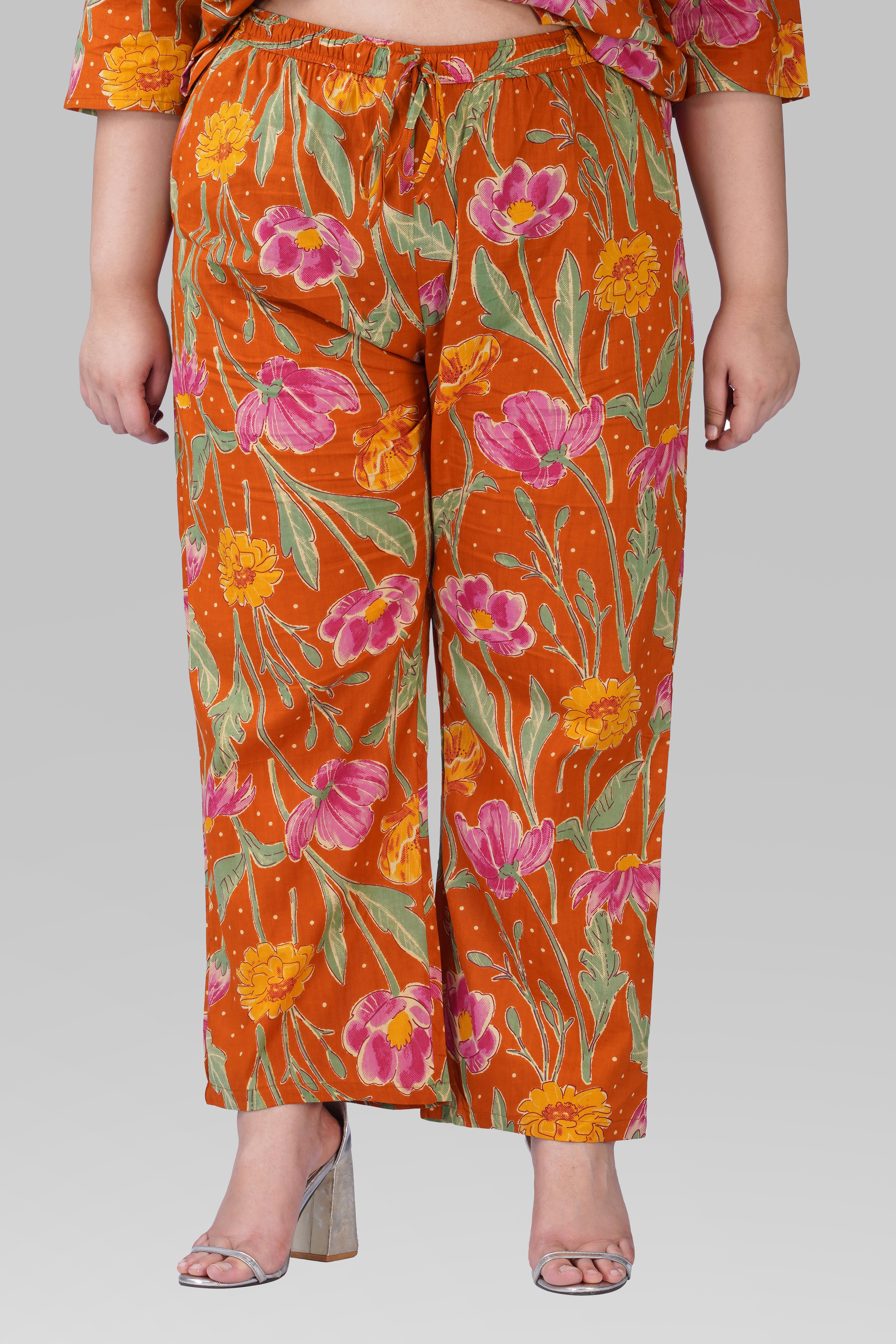 Burnt Orange Plus Size Cotton Printed Pyjama Set