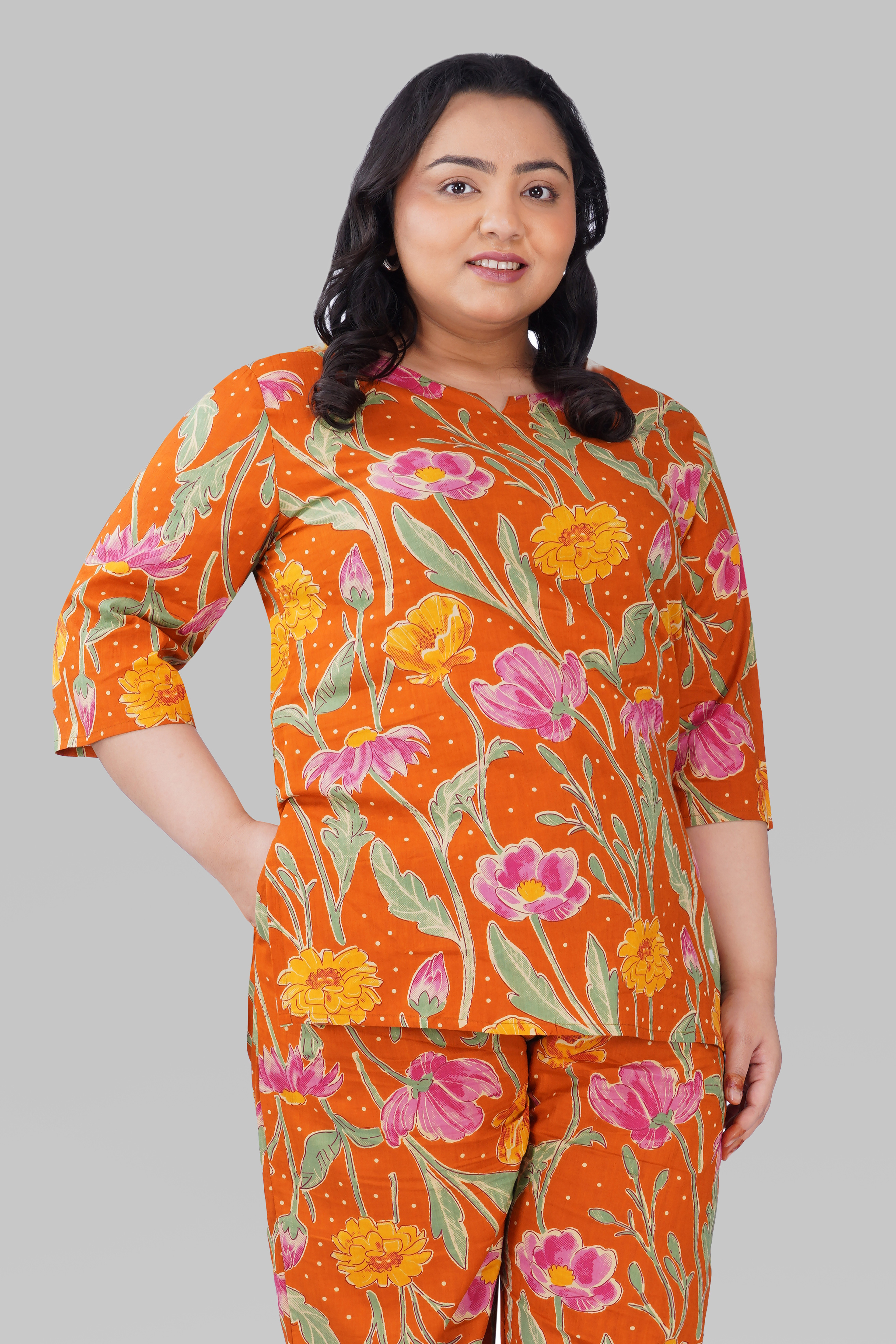 Burnt Orange Plus Size Cotton Printed Pyjama Set